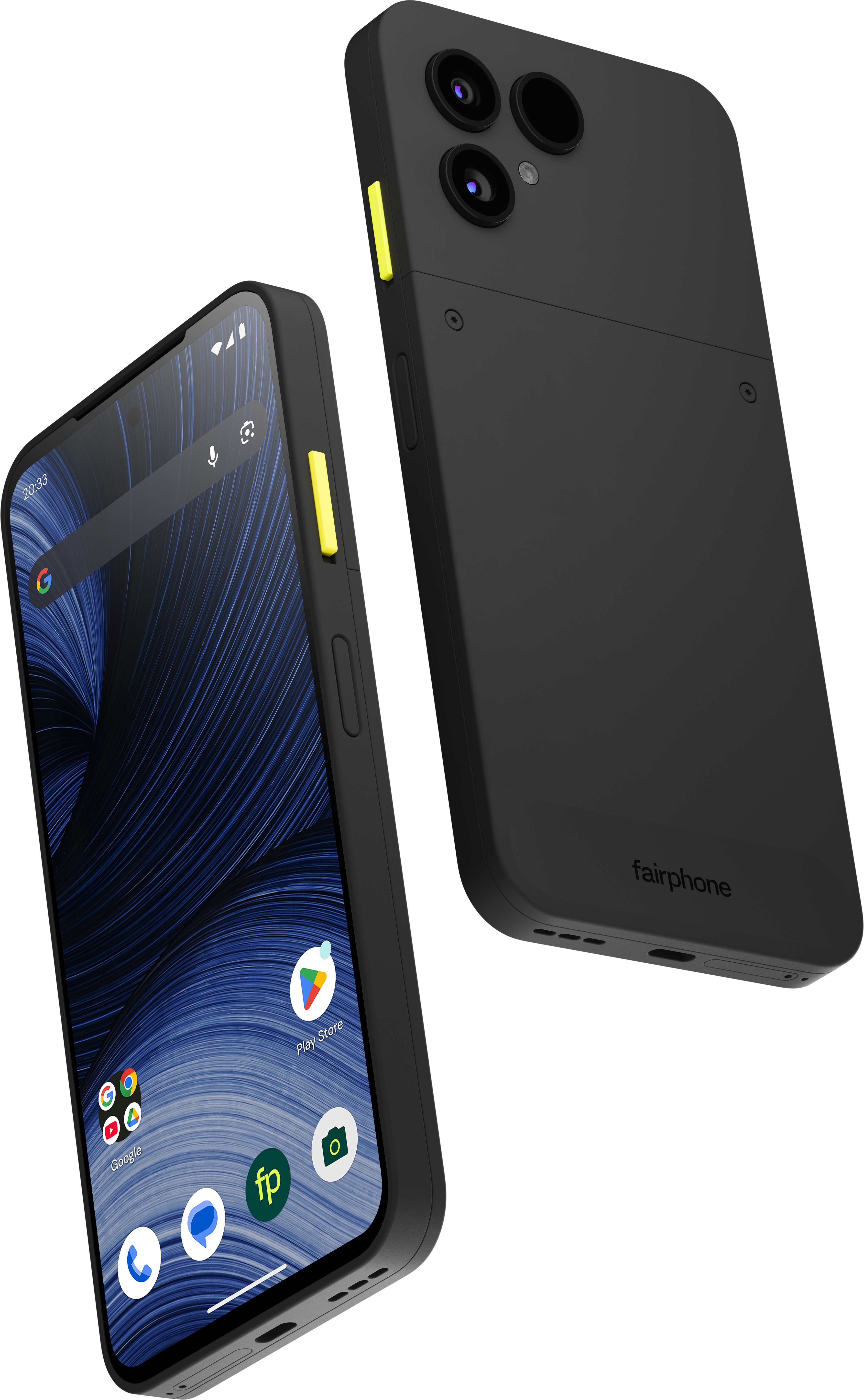 Zwei schwarze Fairphone-Smartphones, eins zeigt den Bildschirm, eins die Rückseite mit Kameras und Logo.
