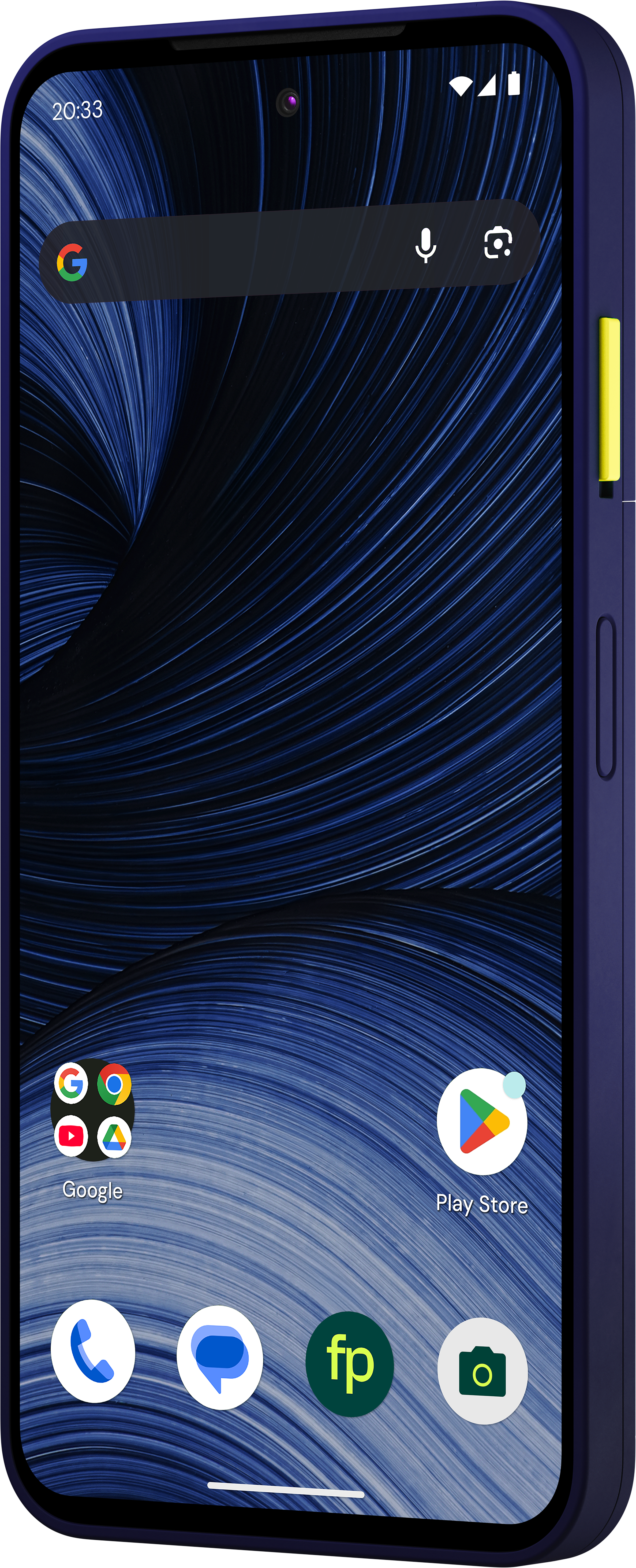 Ein Smartphone mit blauem Gehäuse und gelbem Power-Button zeigt den Startbildschirm mit abstrakten blauen Linien.