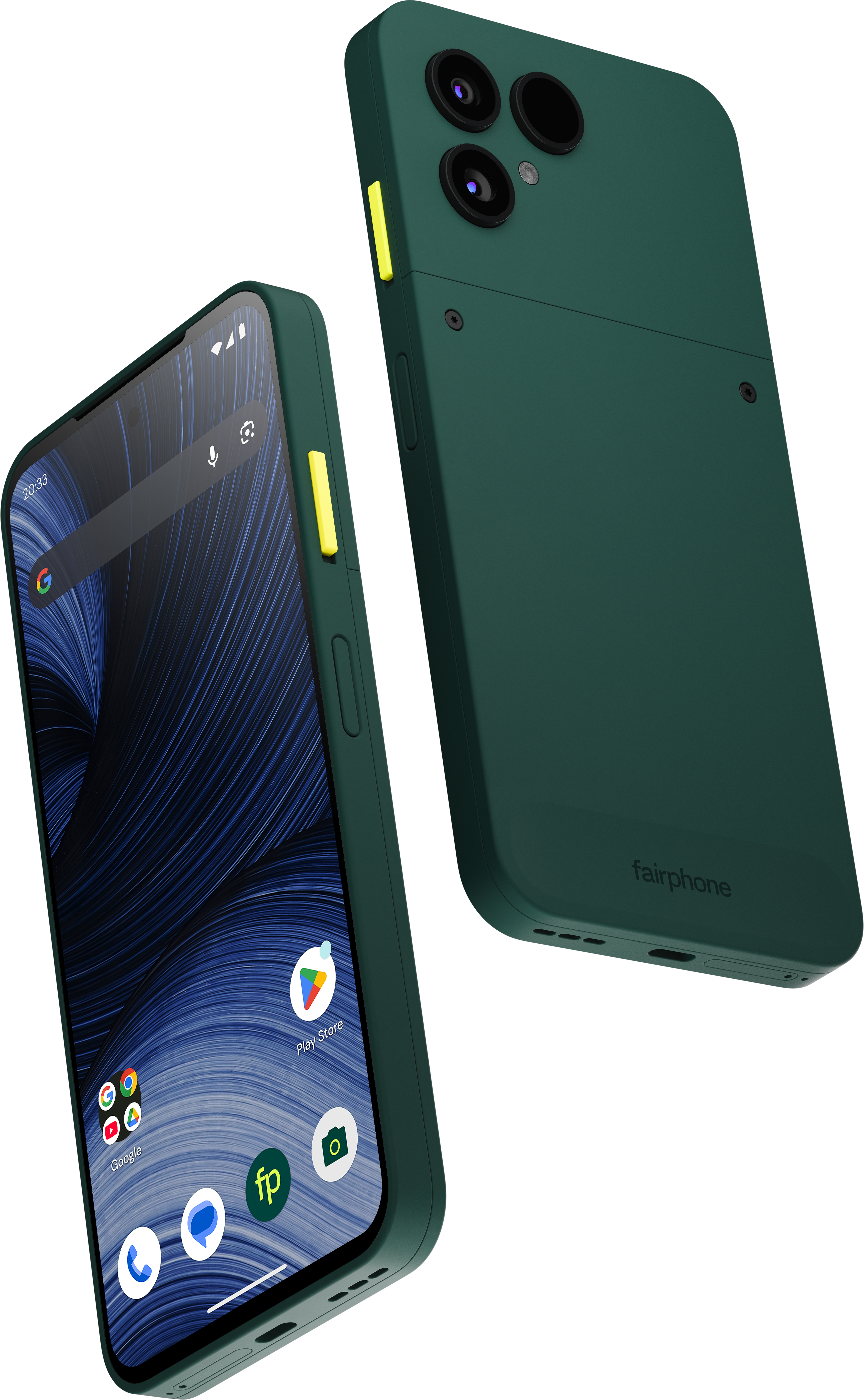 Grünes Fairphone, vorne mit blauem Bildschirm und Apps, hinten mit drei Kameralinsen.
