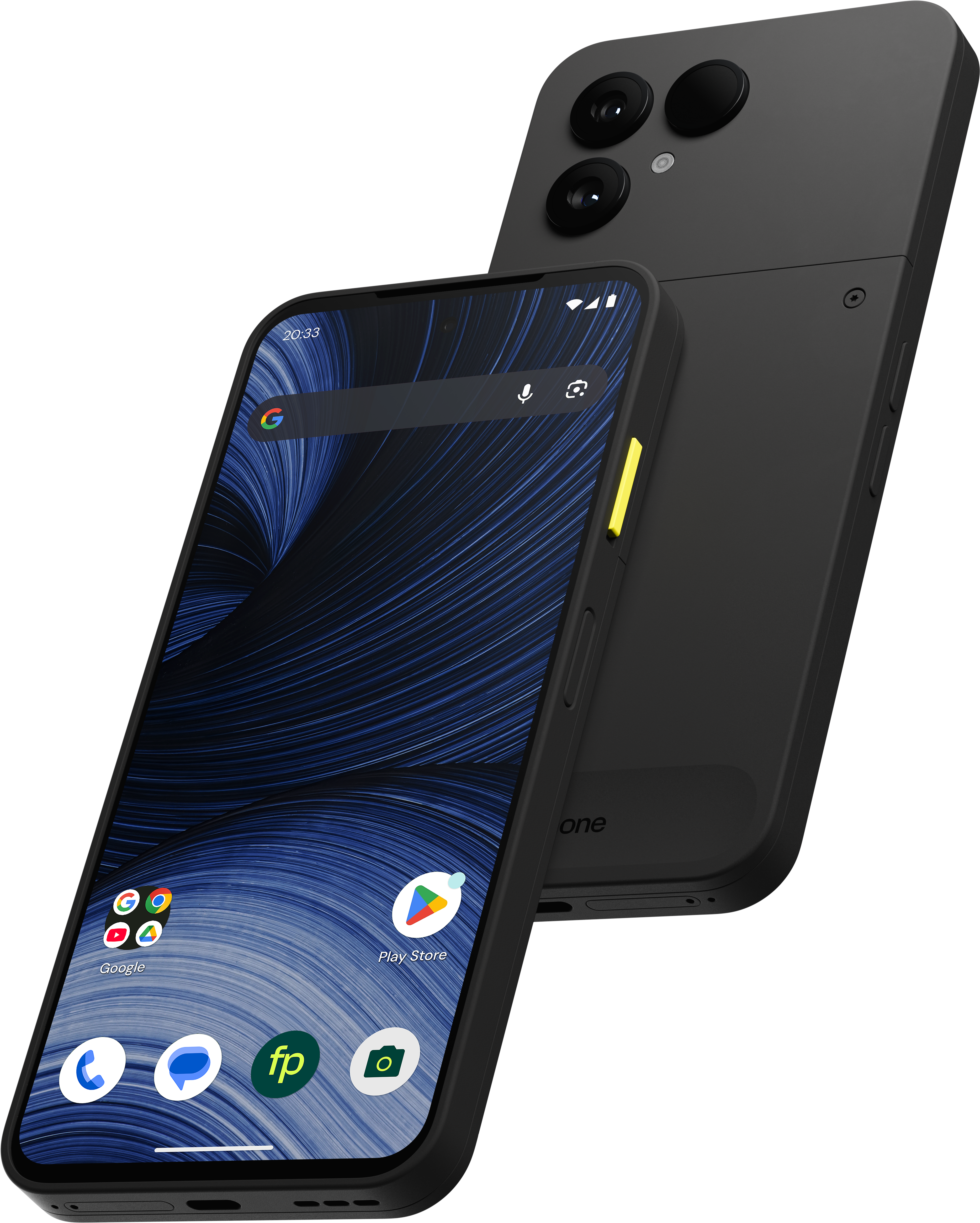 Zwei schwarze Smartphones vor weißem Hintergrund, eins zeigt den Bildschirm, das andere die Rückseite mit Kameras.