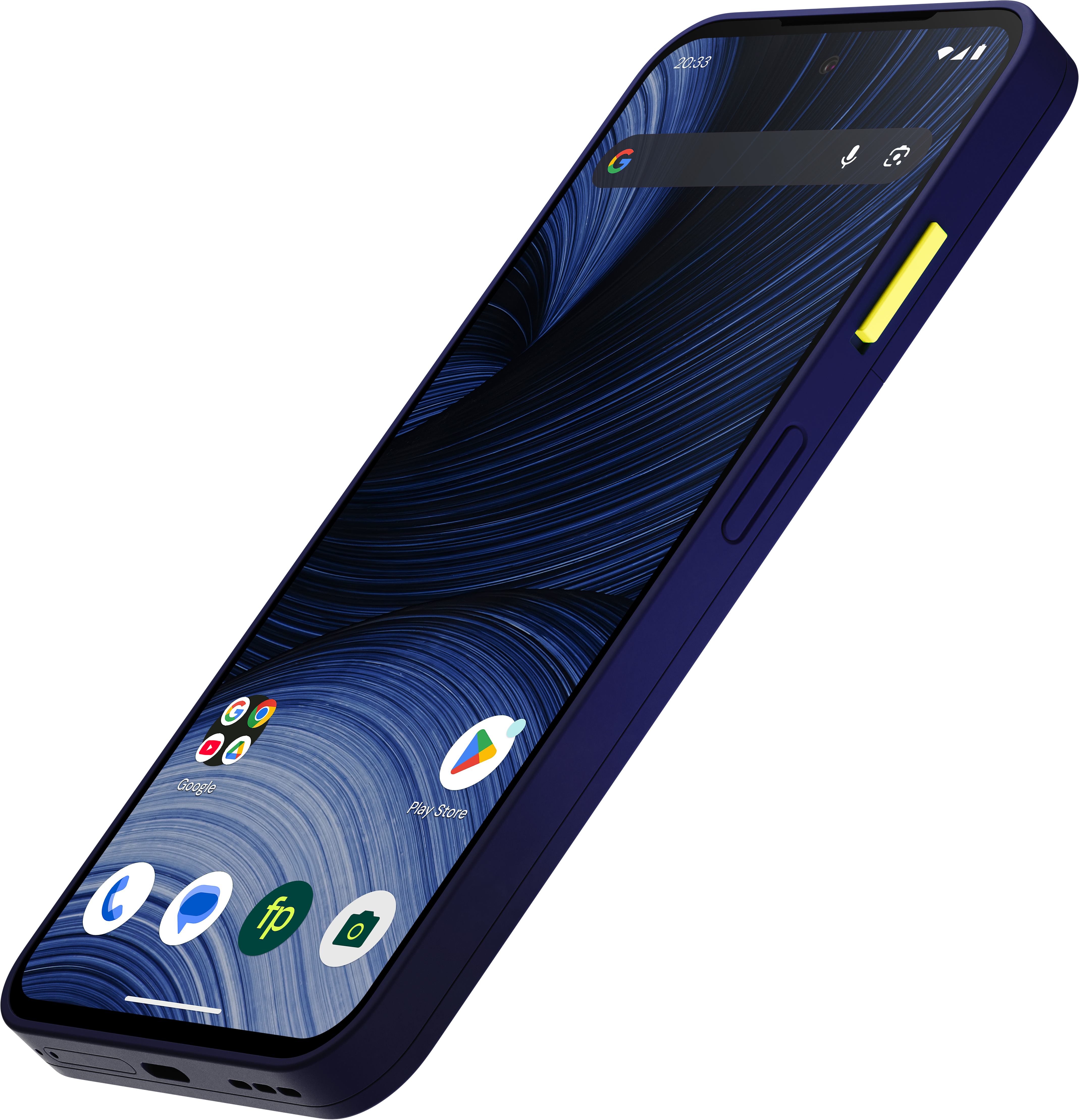 Ein dunkelblaues Smartphone mit blauem abstrakten Hintergrund, App-Symbolen und einem gelben Einschaltknopf.
