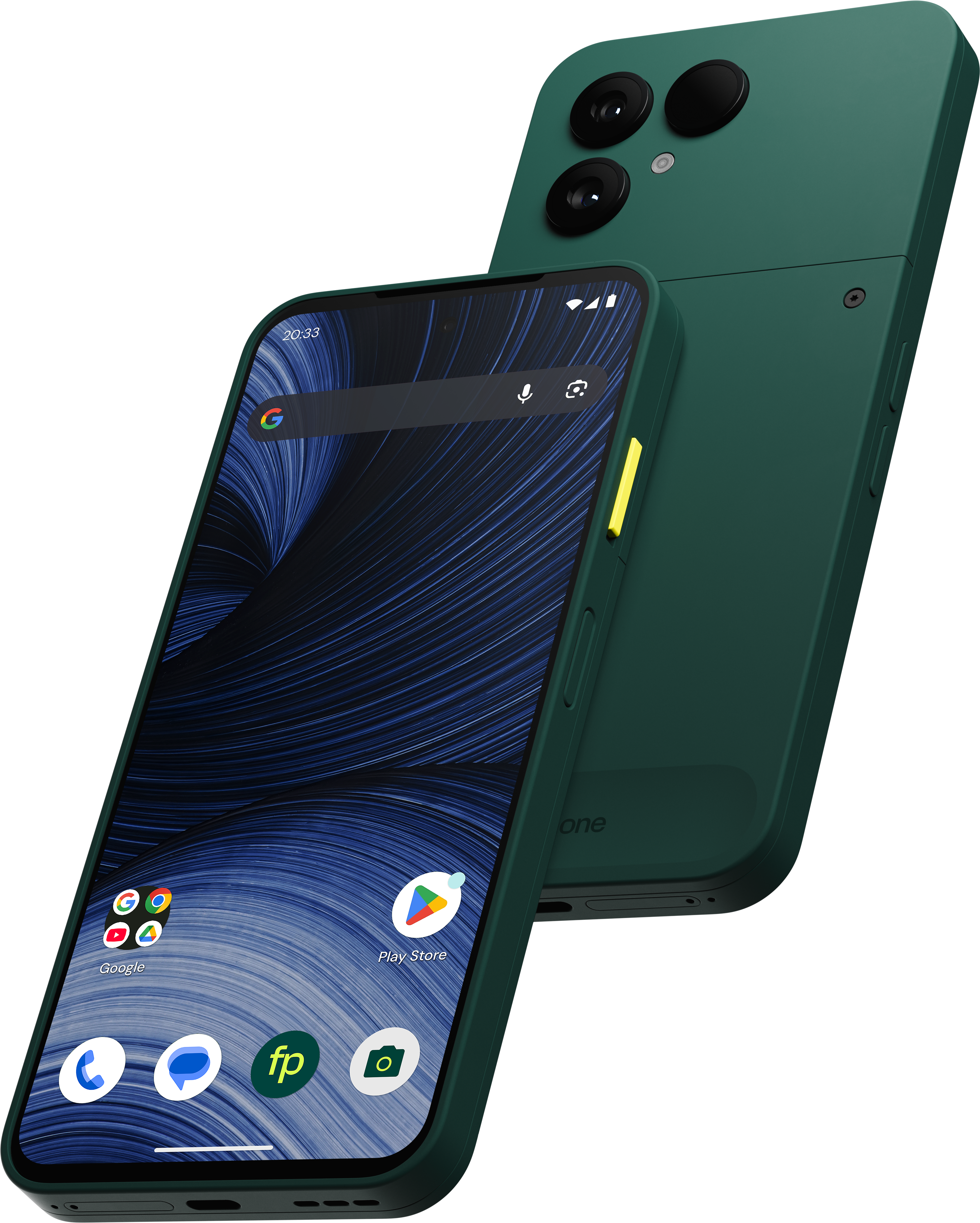 Zwei grüne Smartphones zeigen Vorder- und Rückseite auf einem weißen Hintergrund.