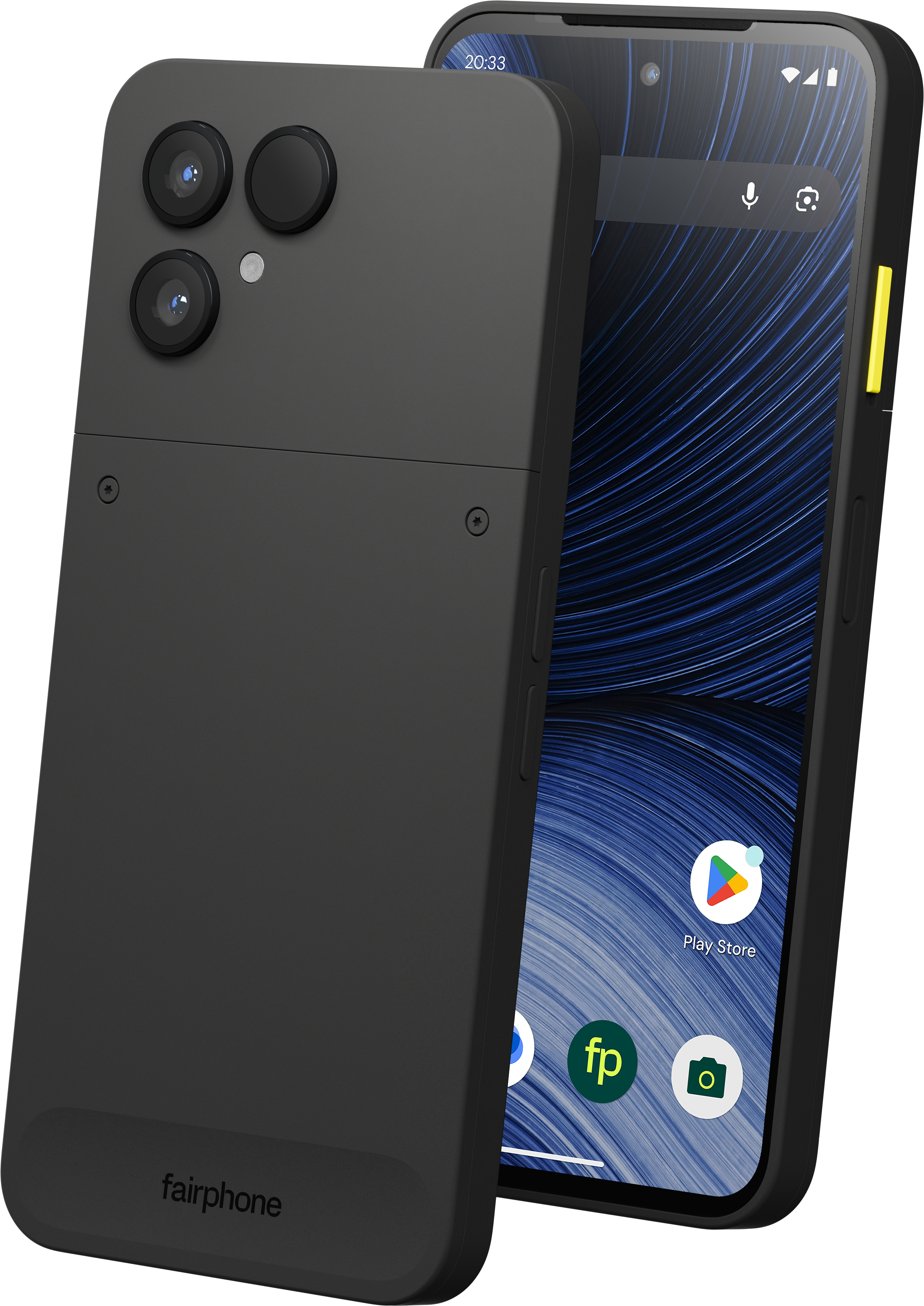 Zwei schwarze Fairphone 5 Smartphones, eines zeigt den Bildschirm, das andere die Rückseite.