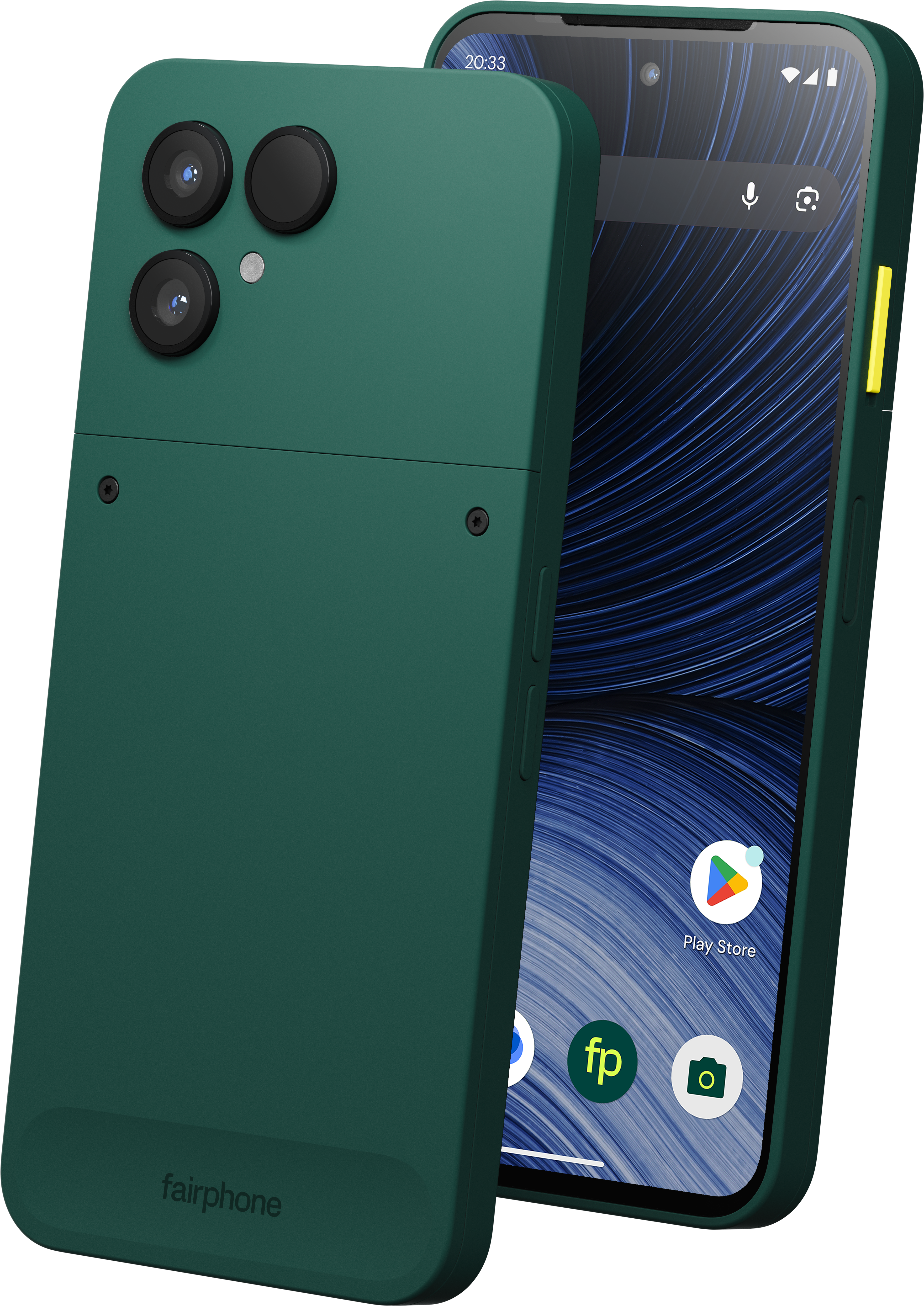 Grünes Fairphone mit Displayseite und Kamerarückseite, inklusive Branding.