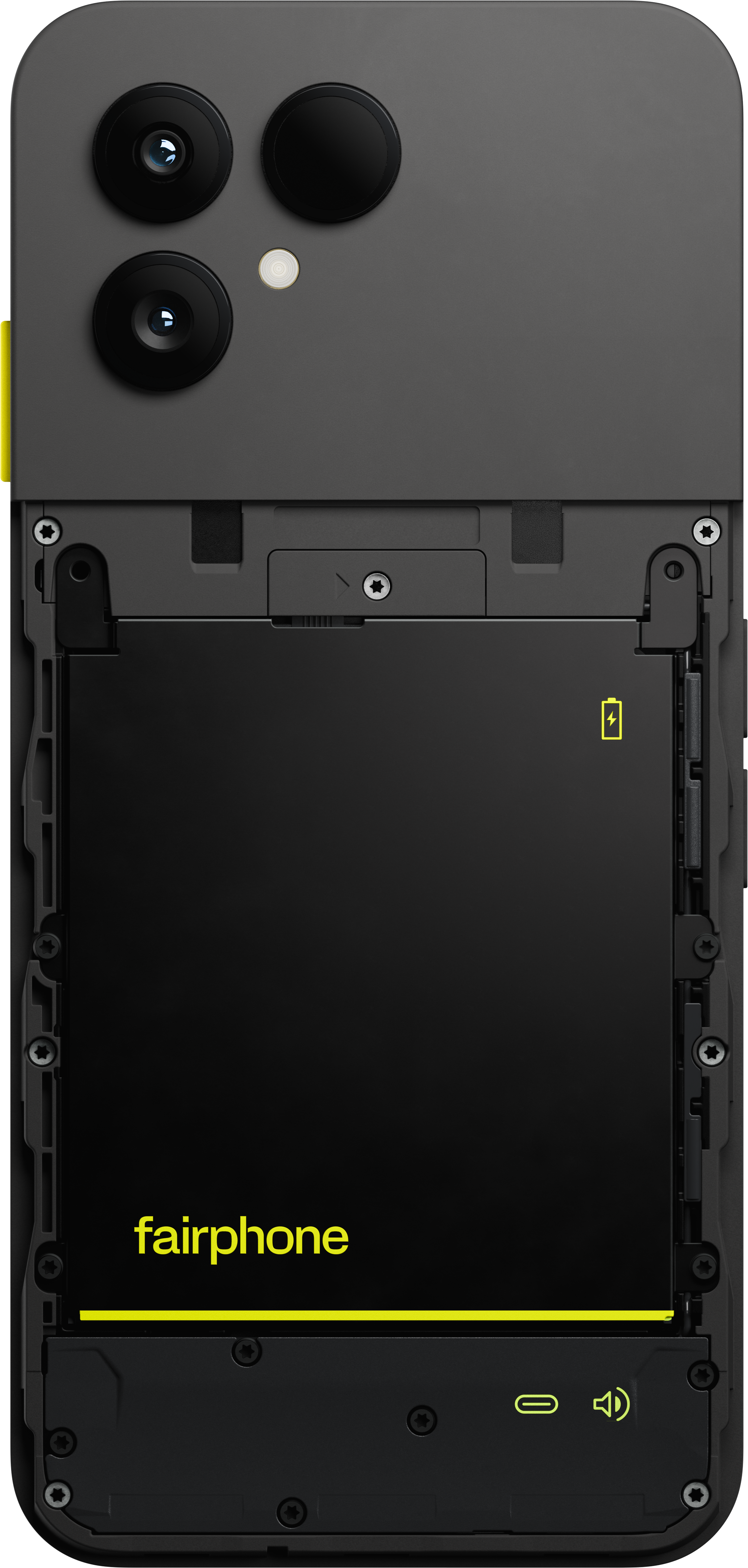 Die Rückseite eines geöffneten Smartphones zeigt den Akku mit dem Fairphone-Logo und sichtbare Schrauben.