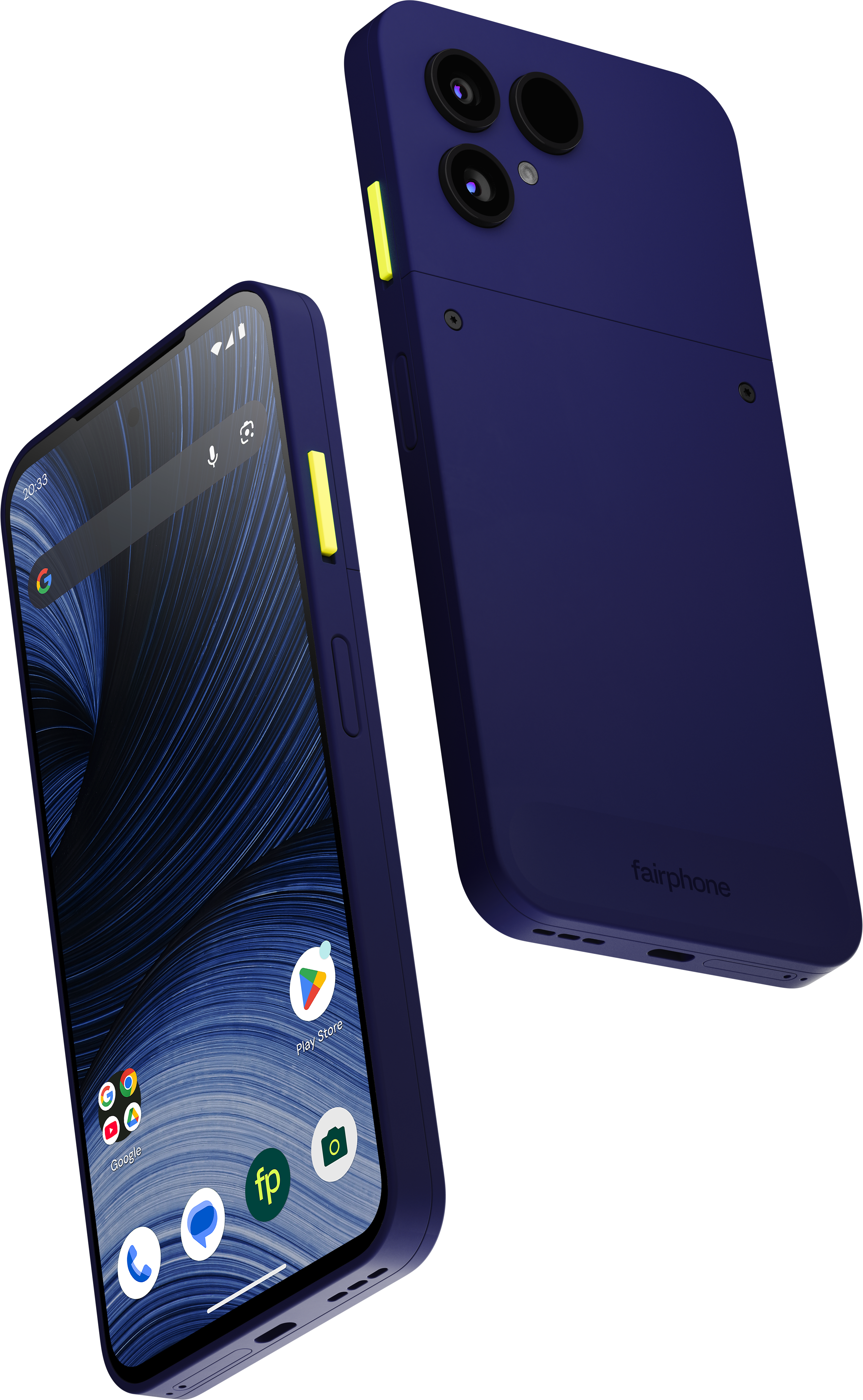Blaue Fairphone-Smartphones zeigen Vorder- und Rückseite mit gelben Tasten und drei Kameras.