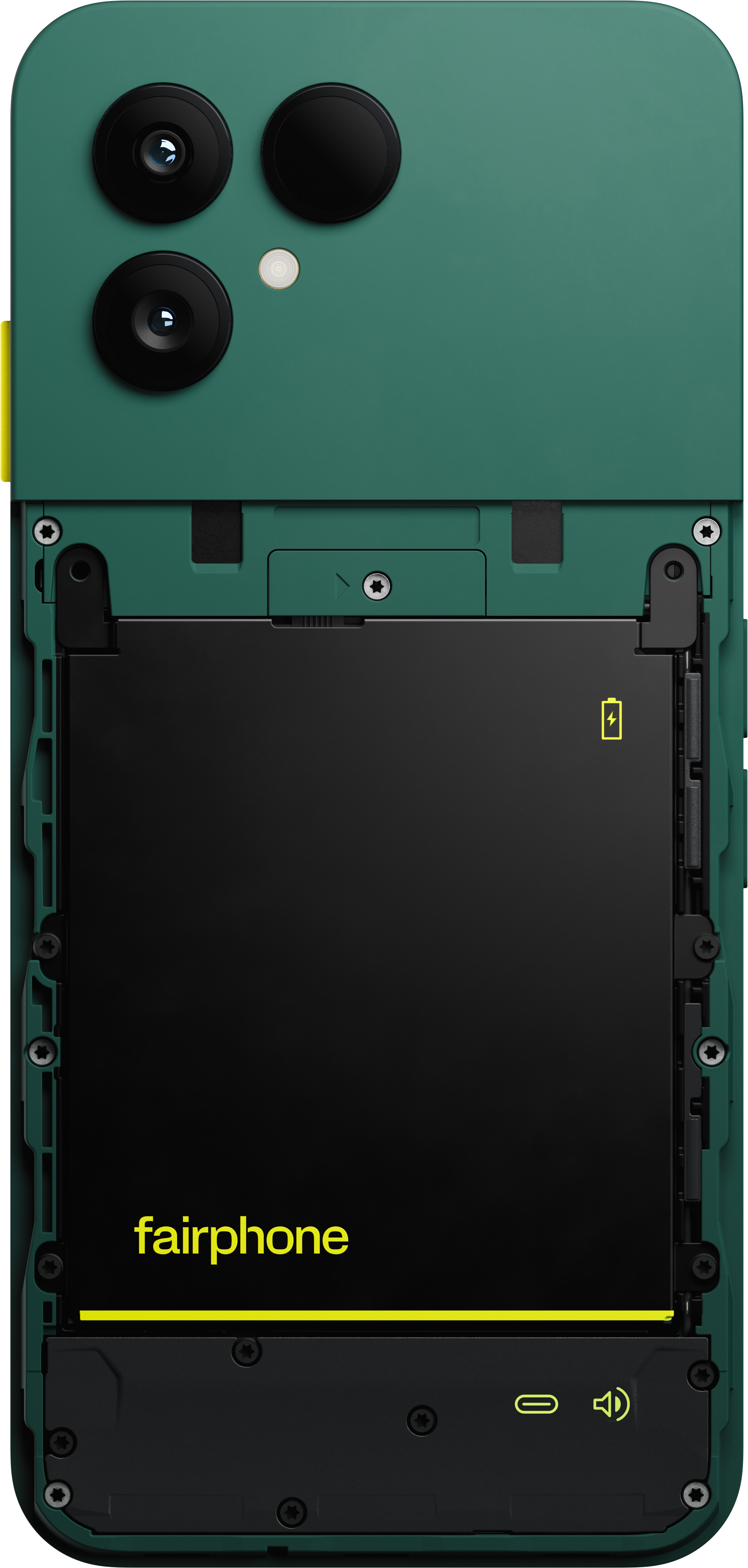 Rückseite eines grünen Fairphone mit offenem Gehäuse und sichtbarer Batterie sowie Kameras oben.