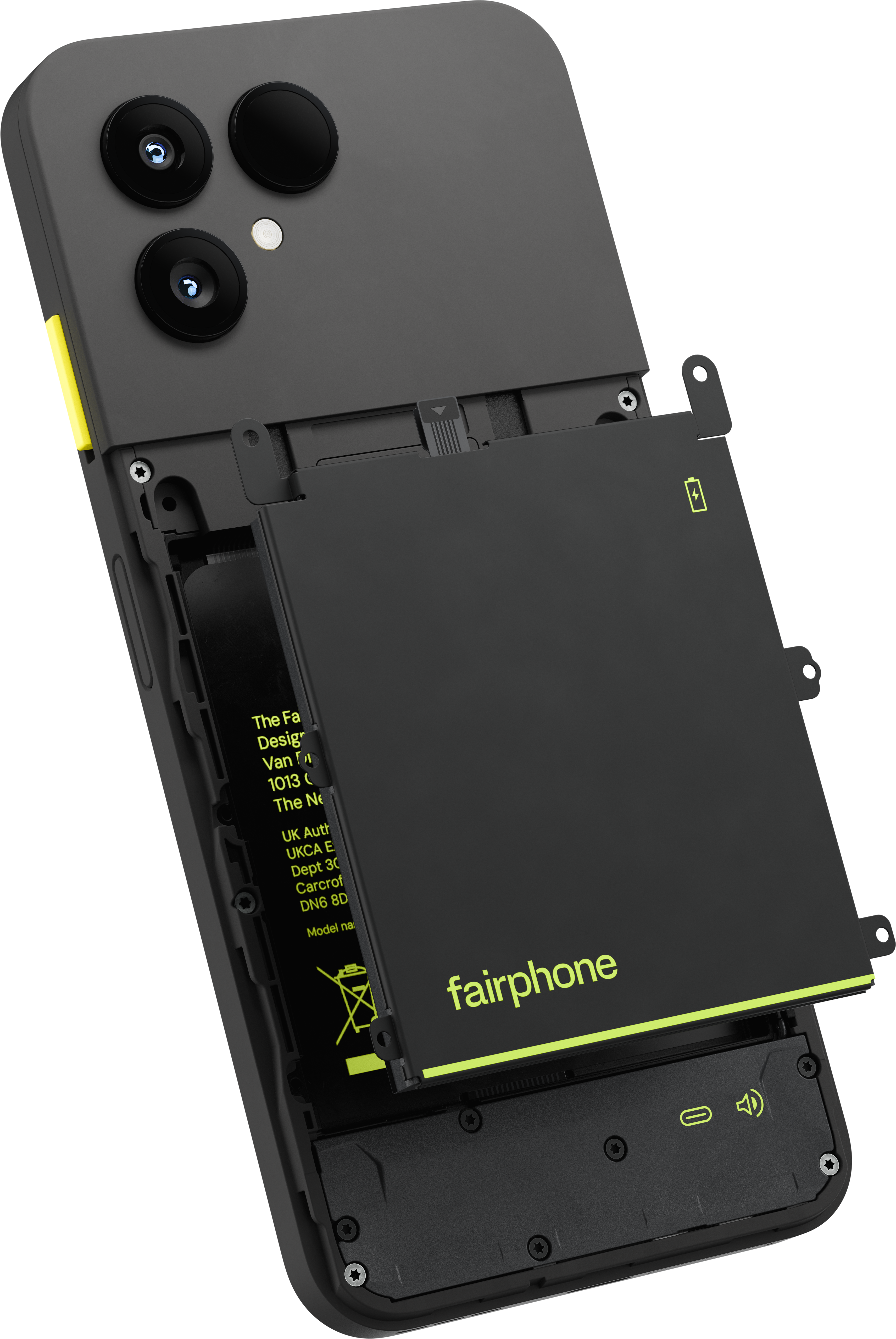 Ein graues Fairphone zeigt die austauschbare schwarze Batterie mit grünem Logo auf der Rückseite.