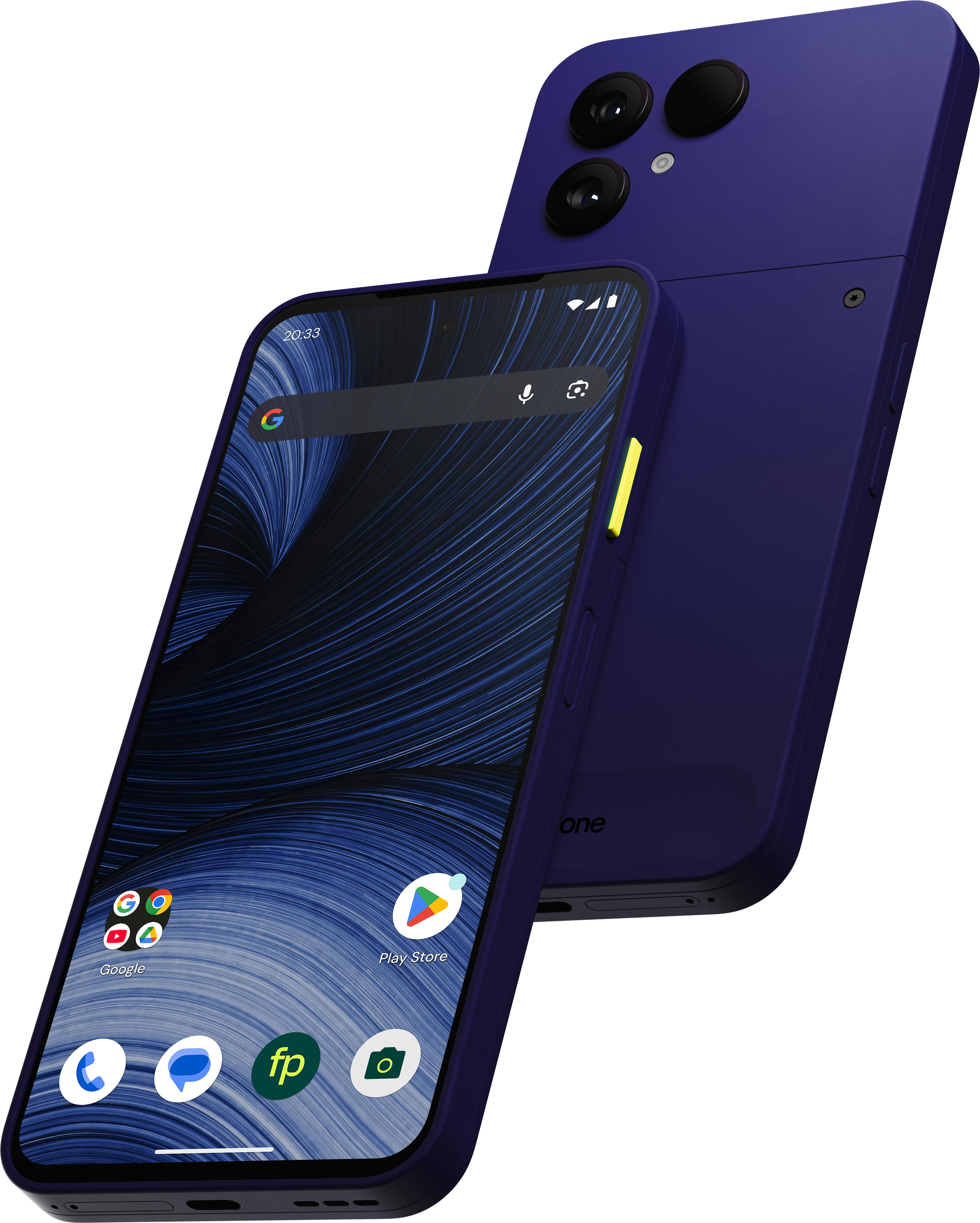Zwei blaue Smartphones im schrägen Winkel, eins zeigt den Startbildschirm mit Apps, das andere die Kamera.