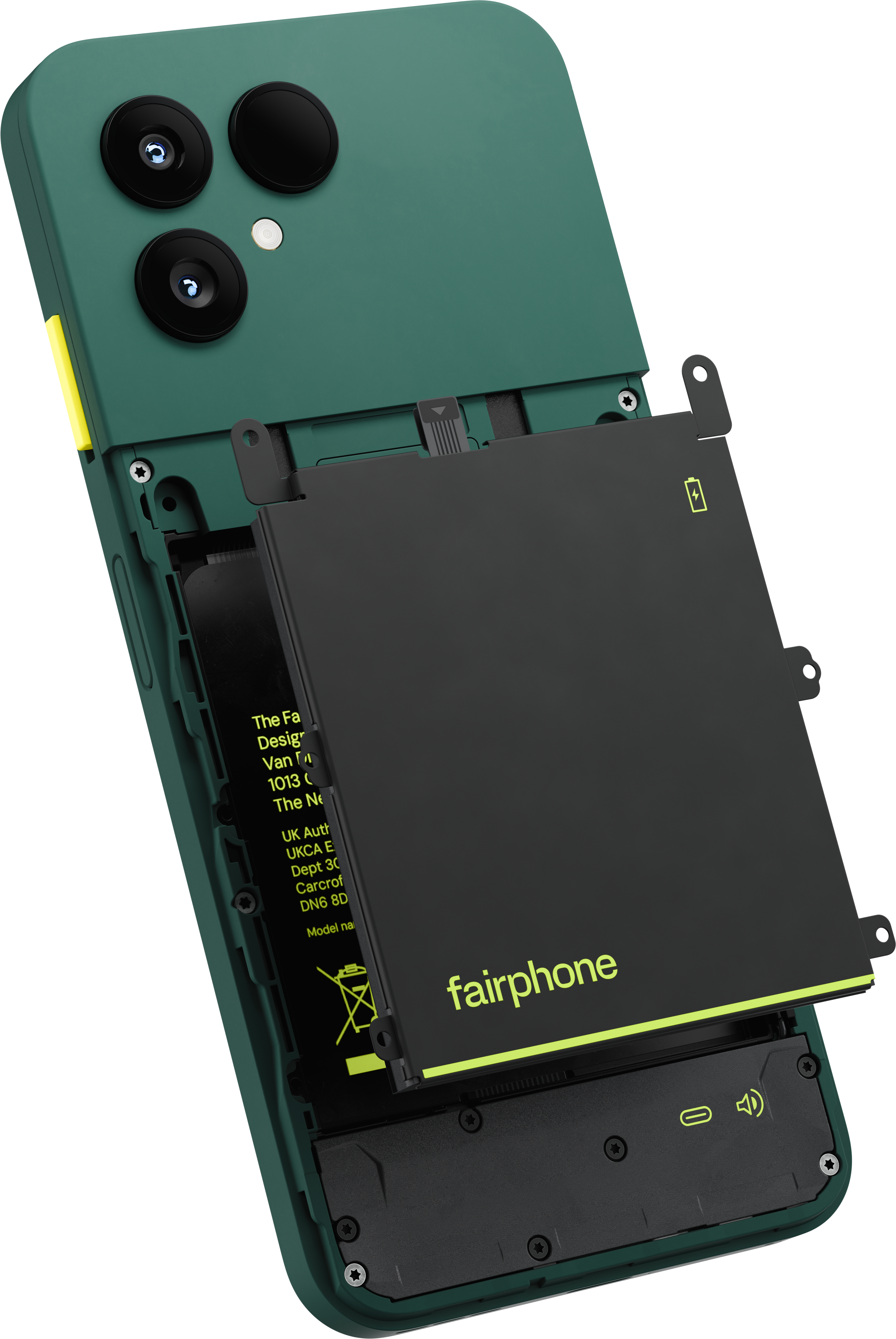 Grünes Fairphone mit abnehmbarem schwarzem Akku und sichtbaren internen Komponenten.