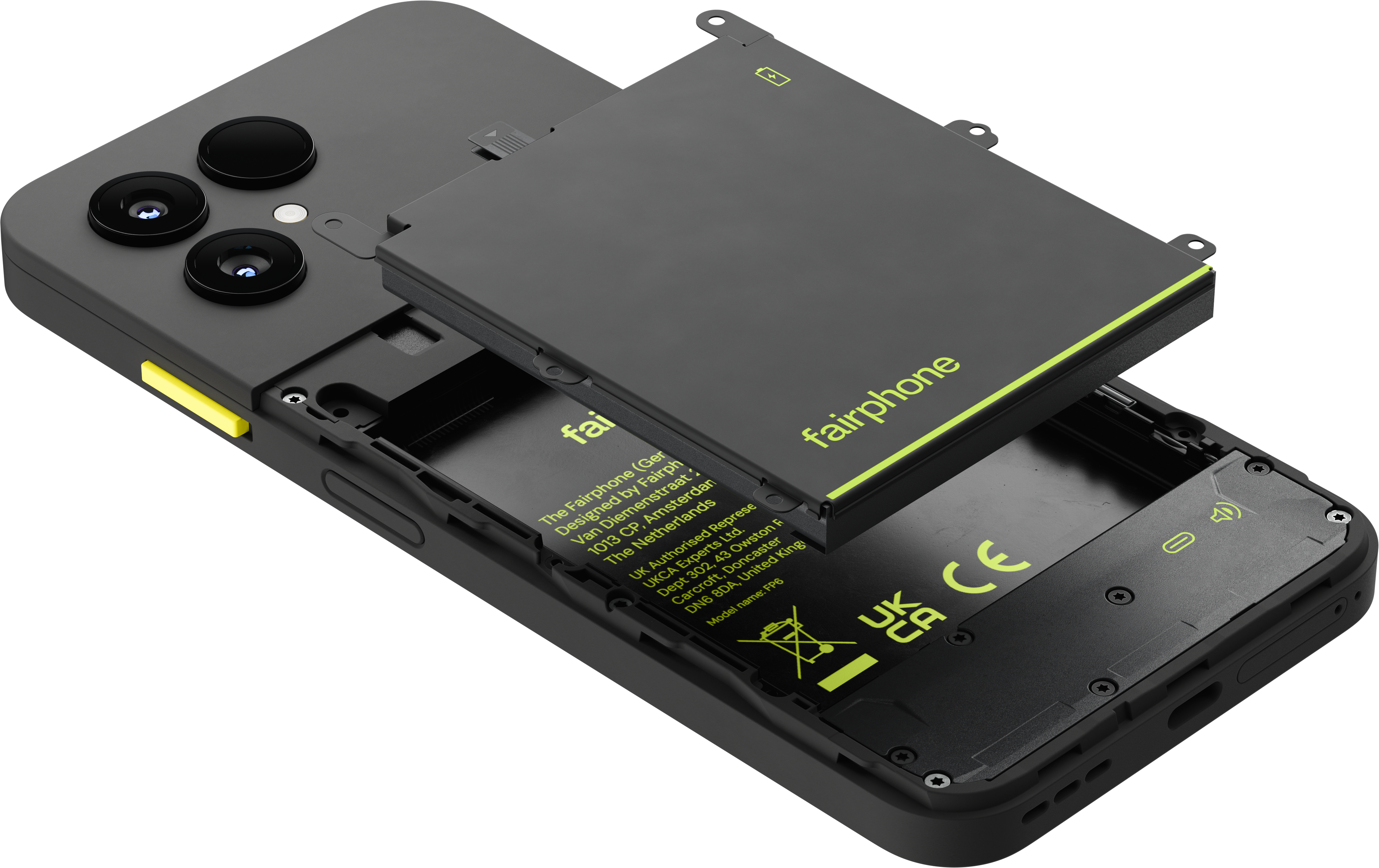Ein Fairphone mit herausnehmbarem Akku, das die Rückseite und innen liegende Komponenten zeigt.