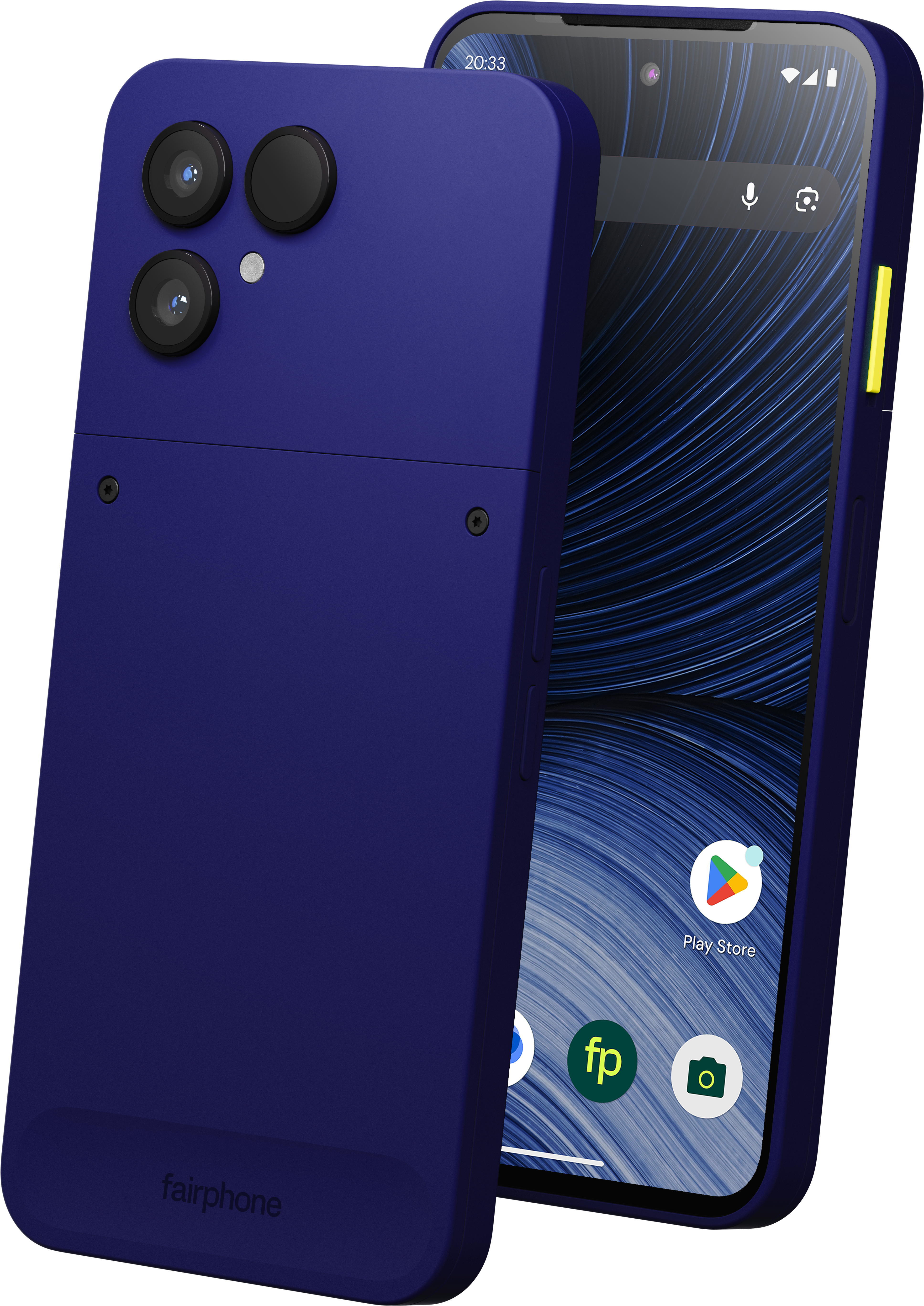 Blaue Fairphone-Smartphones: Eines zeigt die Rückseite mit drei Kameras, das andere den beleuchteten Startbildschirm.