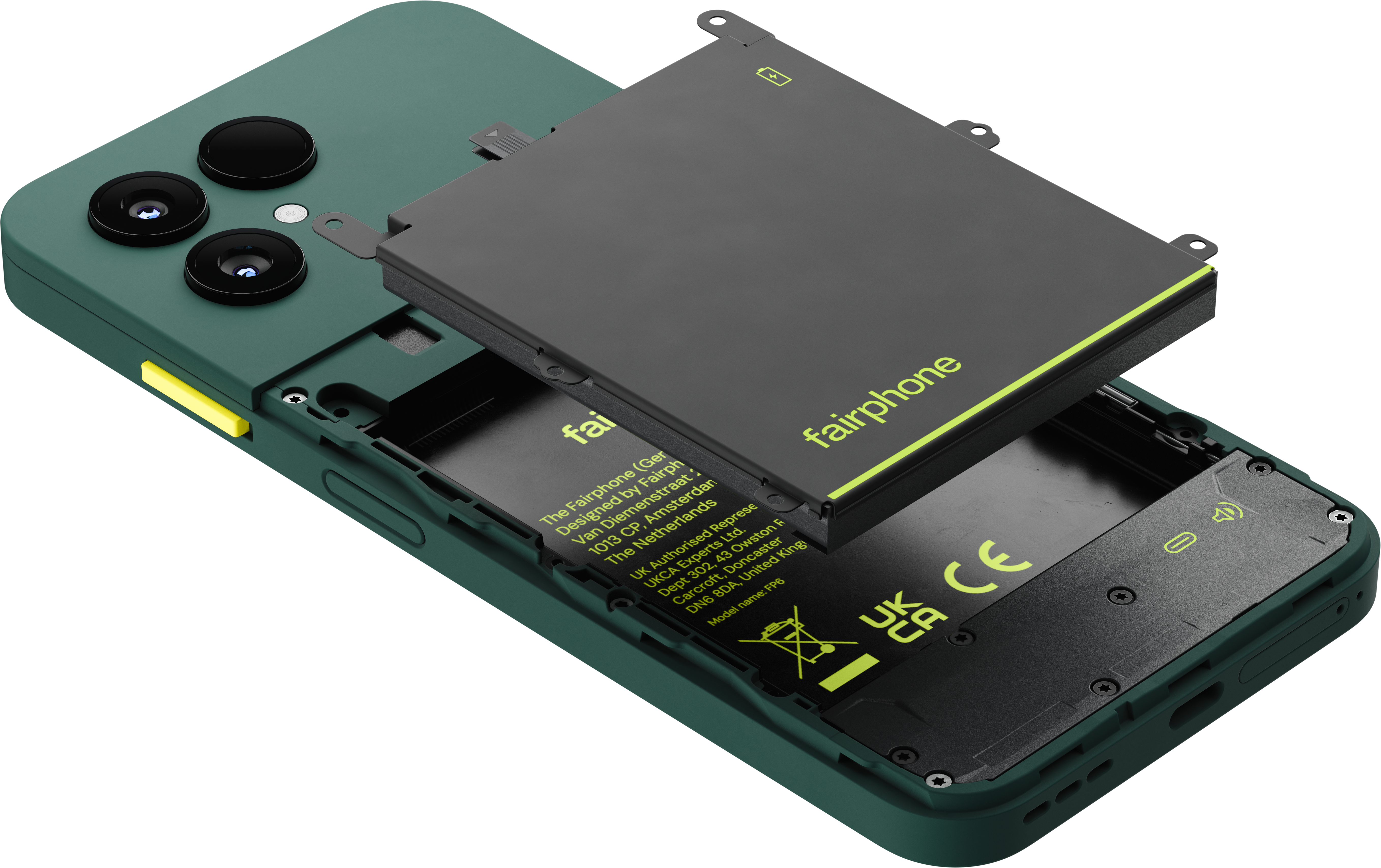 Ein grünes Smartphone mit teilweise entfernter Batterie zeigt Innereile und das Fairphone-Logo.