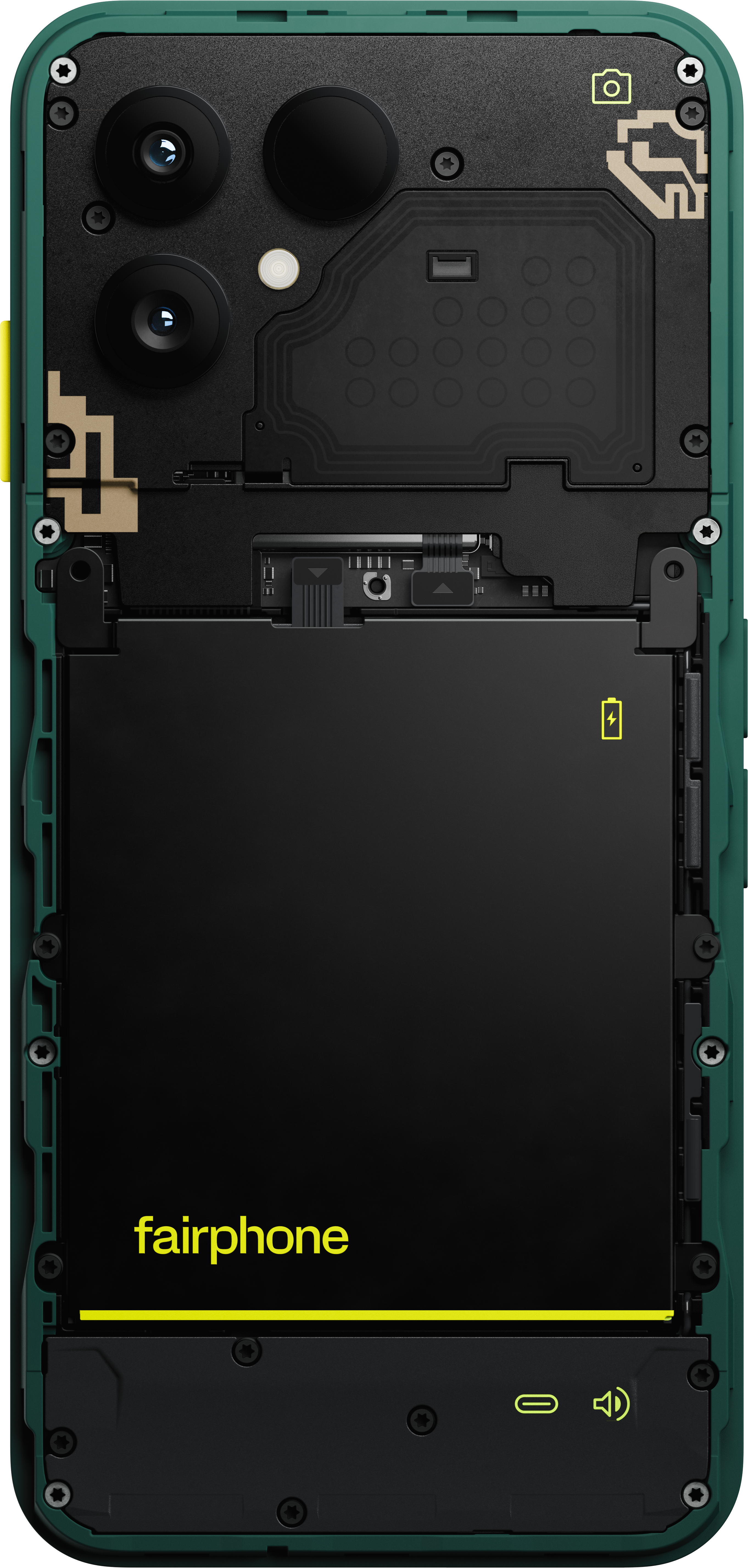 Rückansicht eines geöffneten grünen Fairphone mit schwarzem Akku, Kameras und sichtbaren Schrauben.