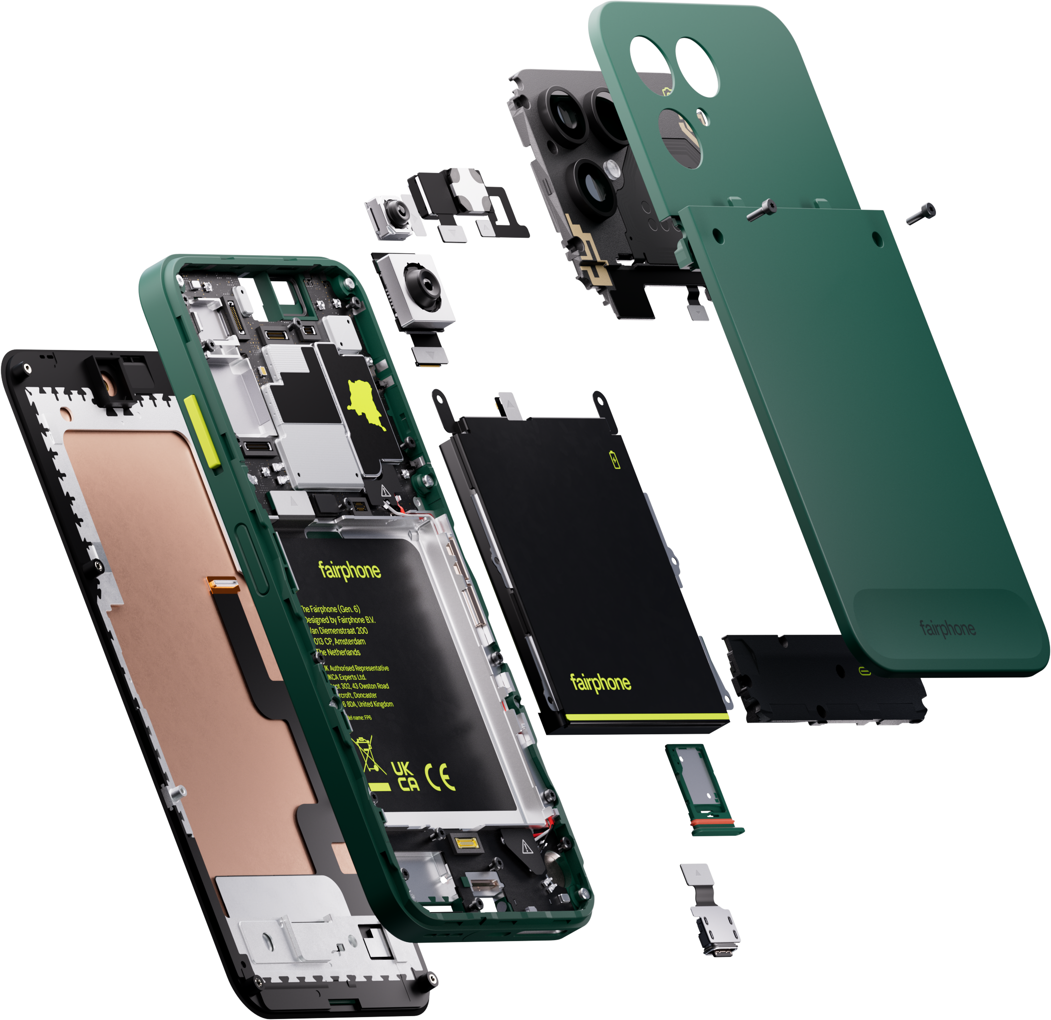 Explosionsdarstellung eines grünen Fairphones mit abgetrennten Komponenten, Schrauben, Akku und Gehäuseteilen auf schwarzem Hintergrund.