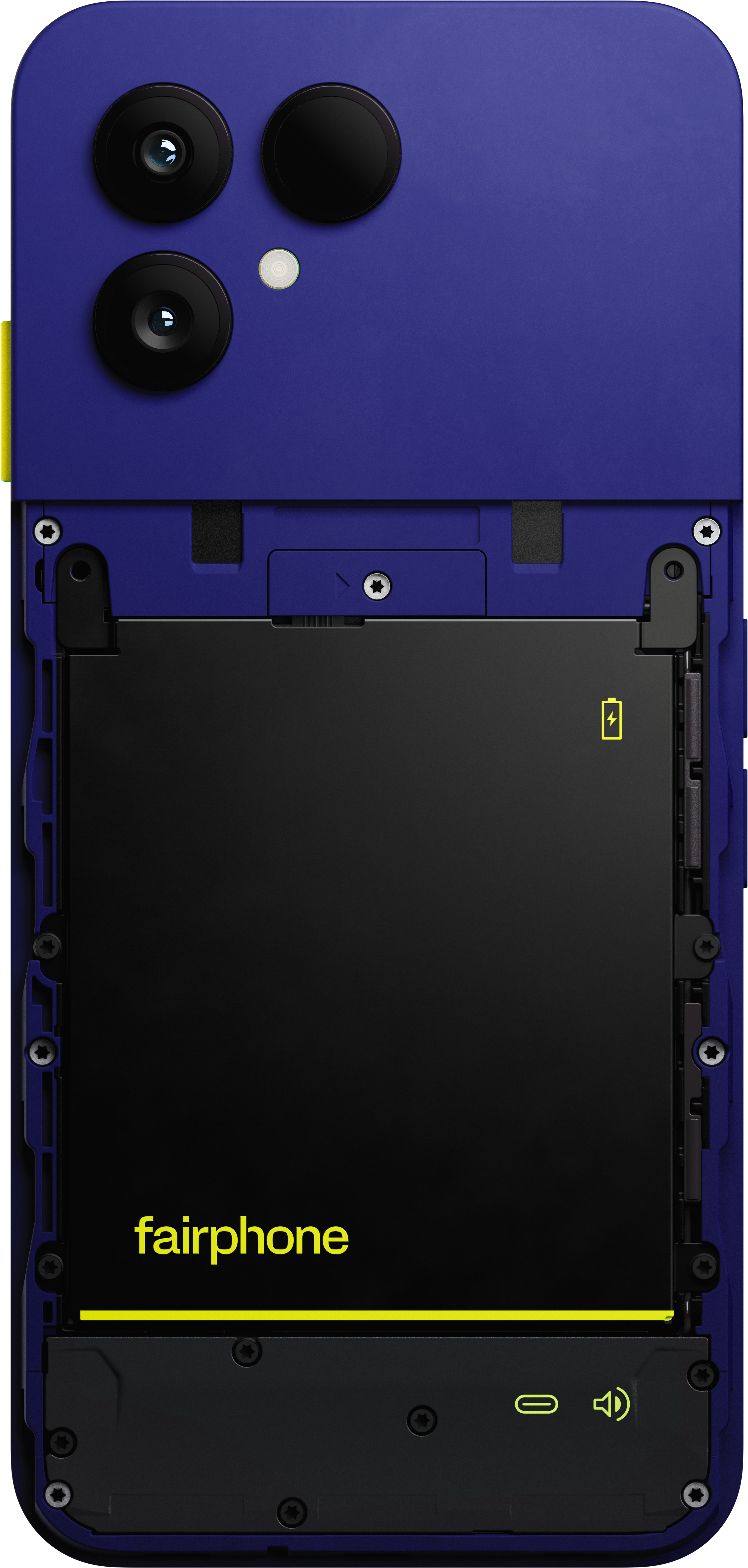 Rückseite eines blauen Fairphones ohne hintere Abdeckung, zeigt die schwarze Batterie mit gelbem Fairphone-Logo und Kameras.