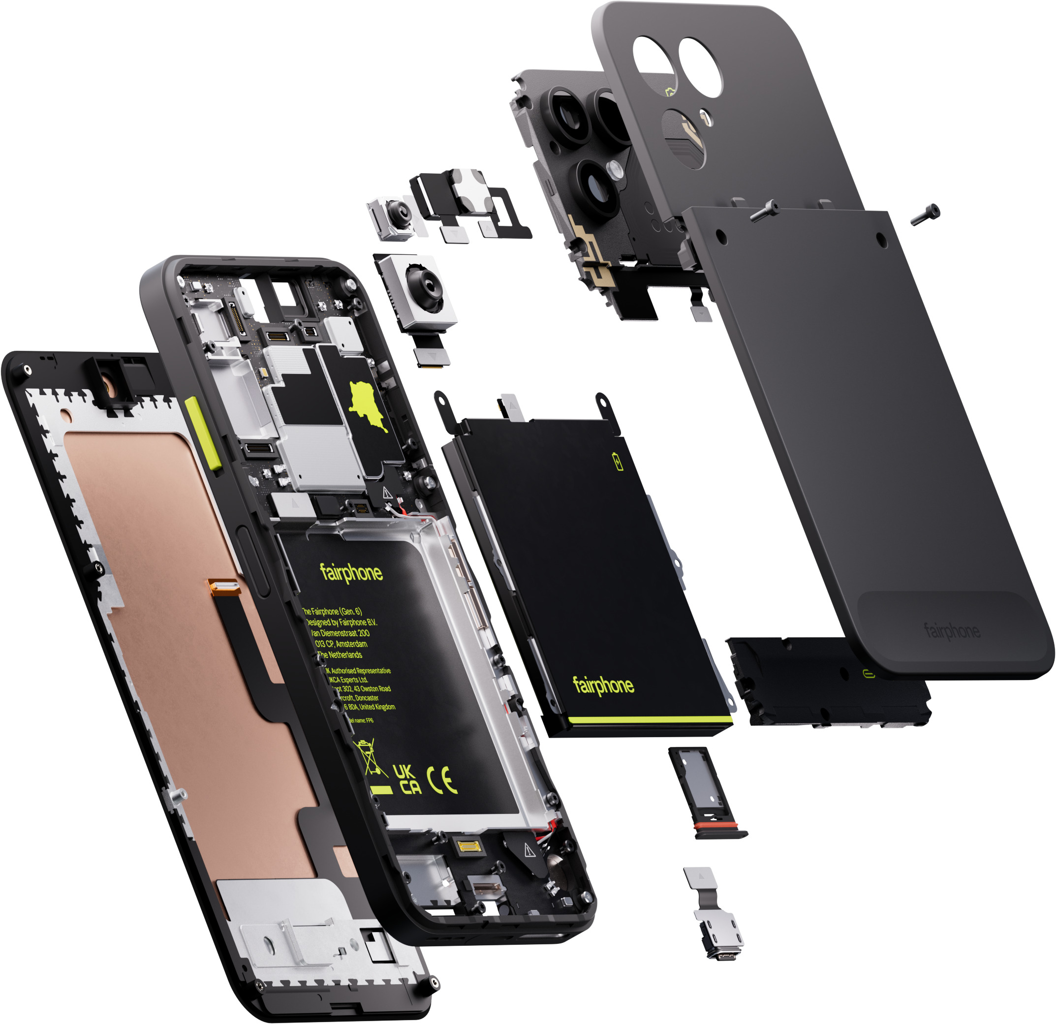 Explosionsdarstellung eines schwarzen Fairphones mit allen modularen Einzelteilen und der Batterie.