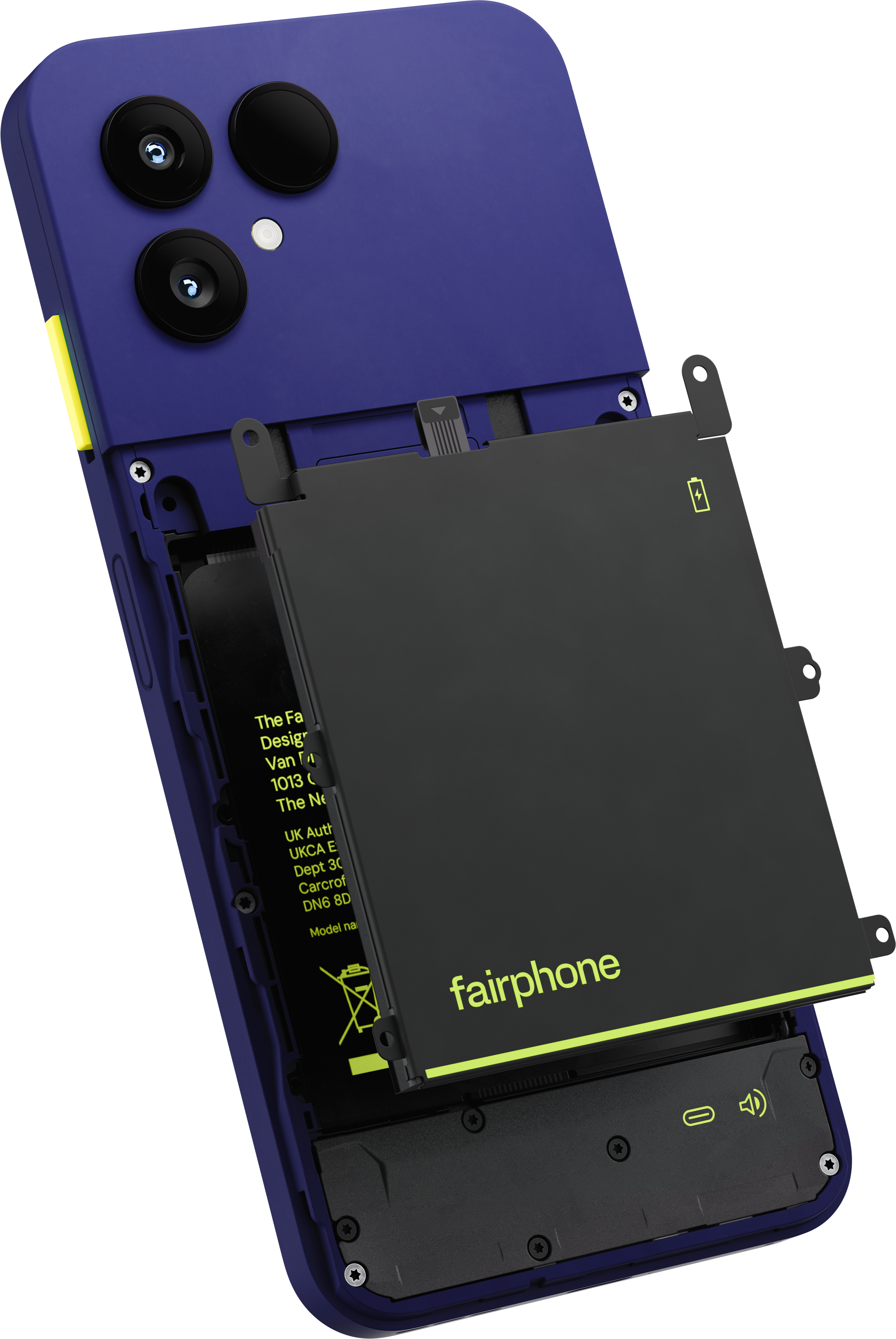Blaue Fairphone-Rückseite mit herausnehmbarem Akku und sichtbaren Schrauben auf weißem Grund.