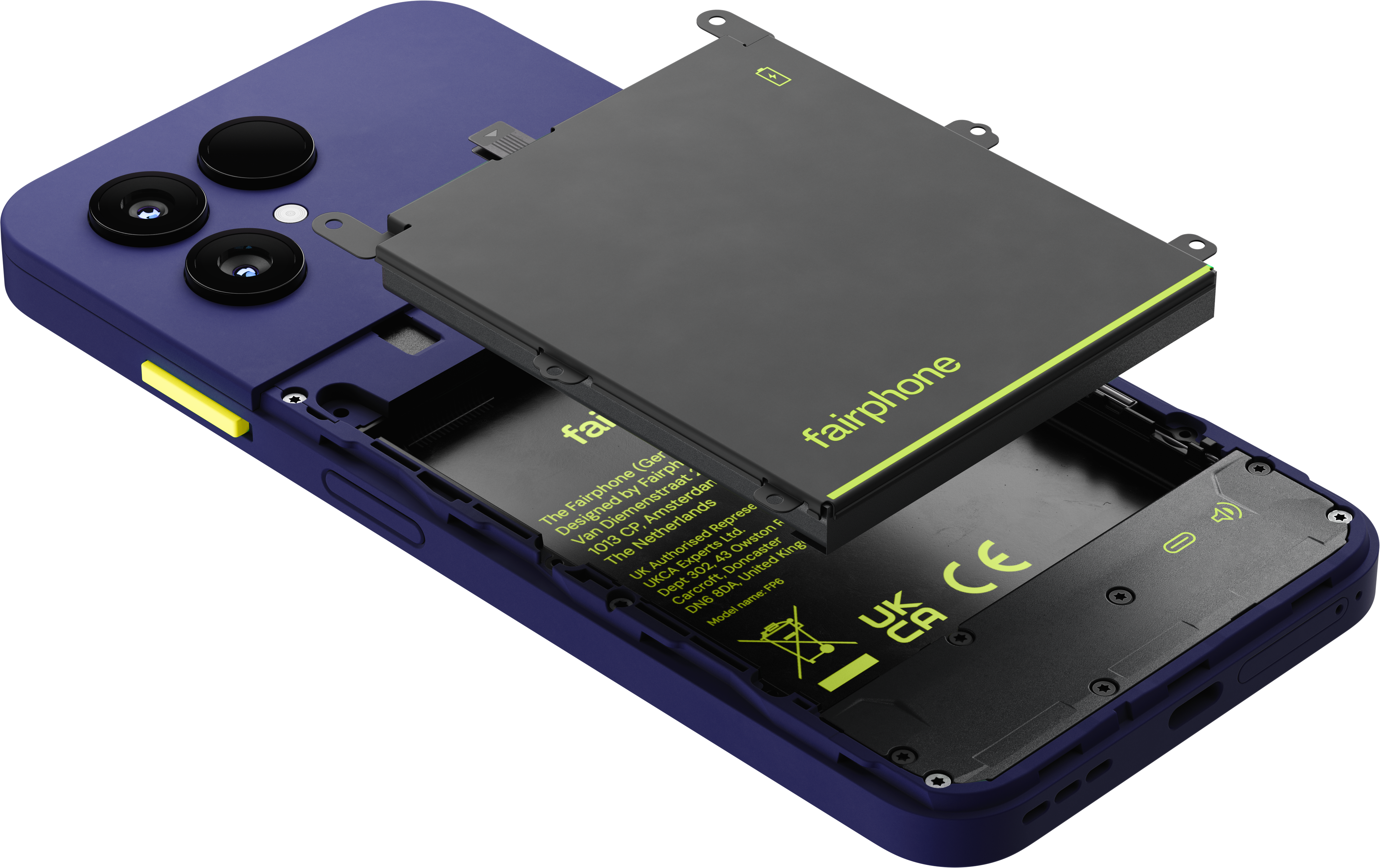 Ein blaues Fairphone mit entnehmbarem Akku und offener Rückseite.