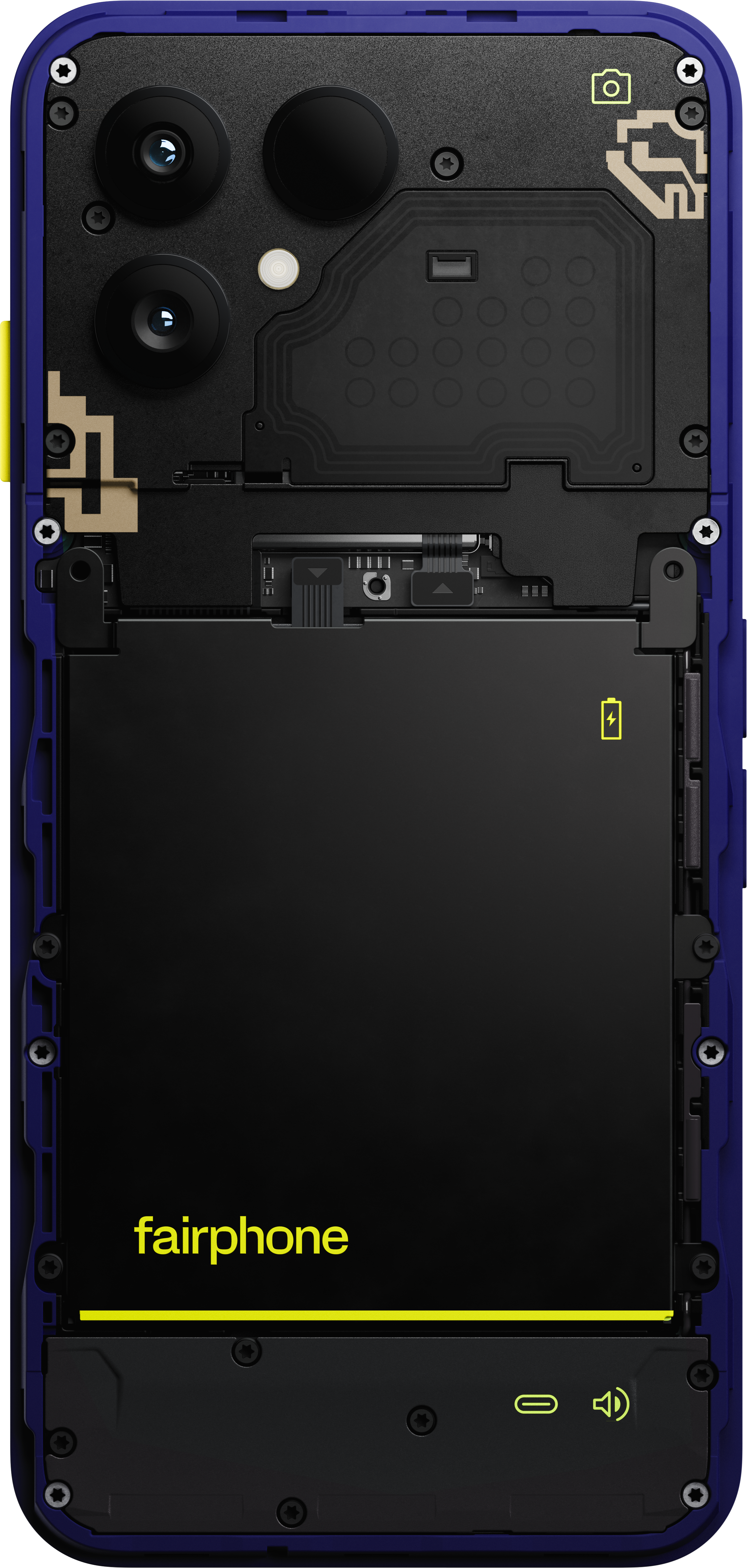Rückseite eines blauen Fairphone mit sichtbarer Hardware, Akku, Kameras und Schrauben.