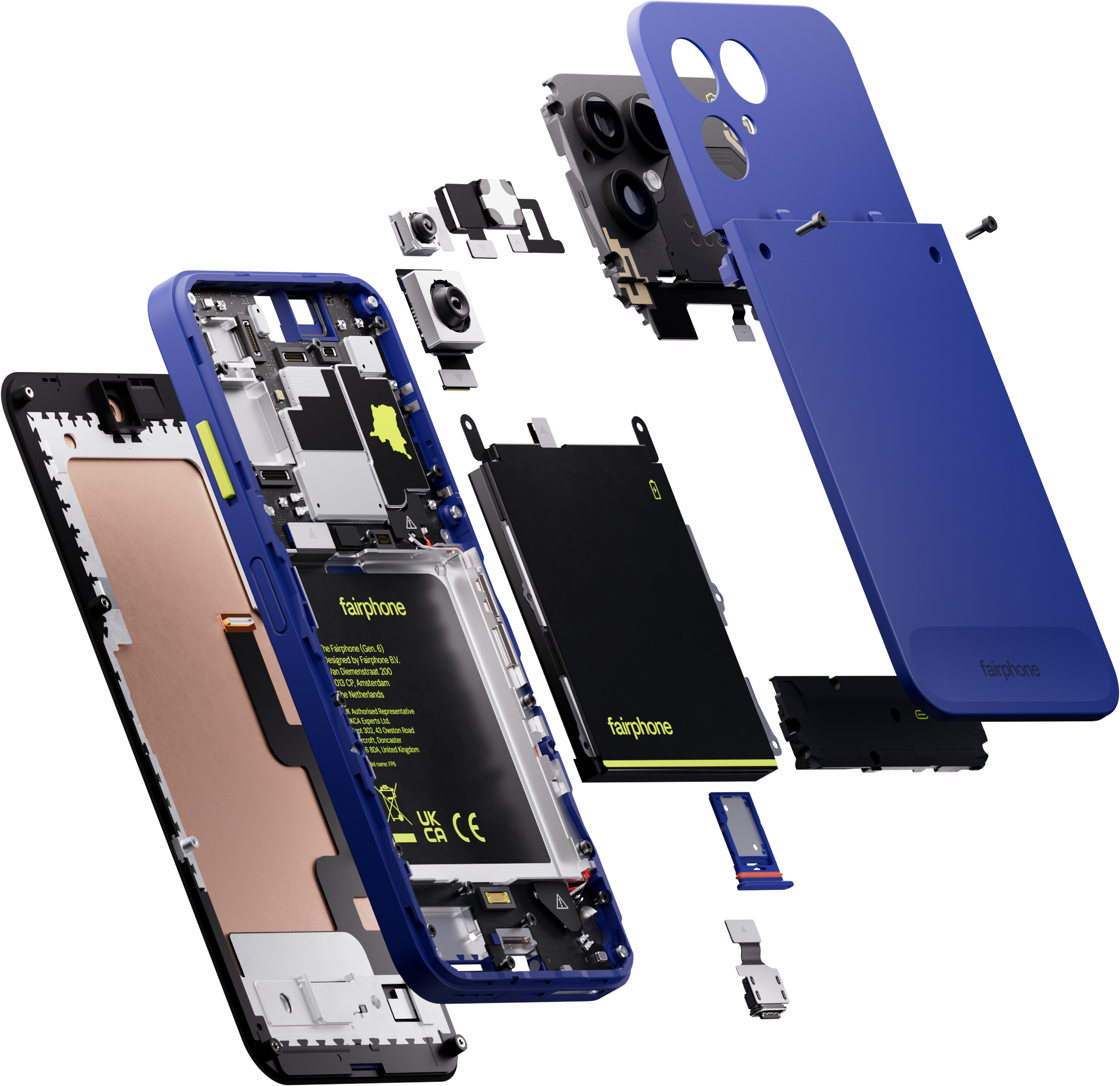 Explosionsdarstellung eines blauen Fairphone-Smartphones mit seinen modular aufgebauten Innenkomponenten.