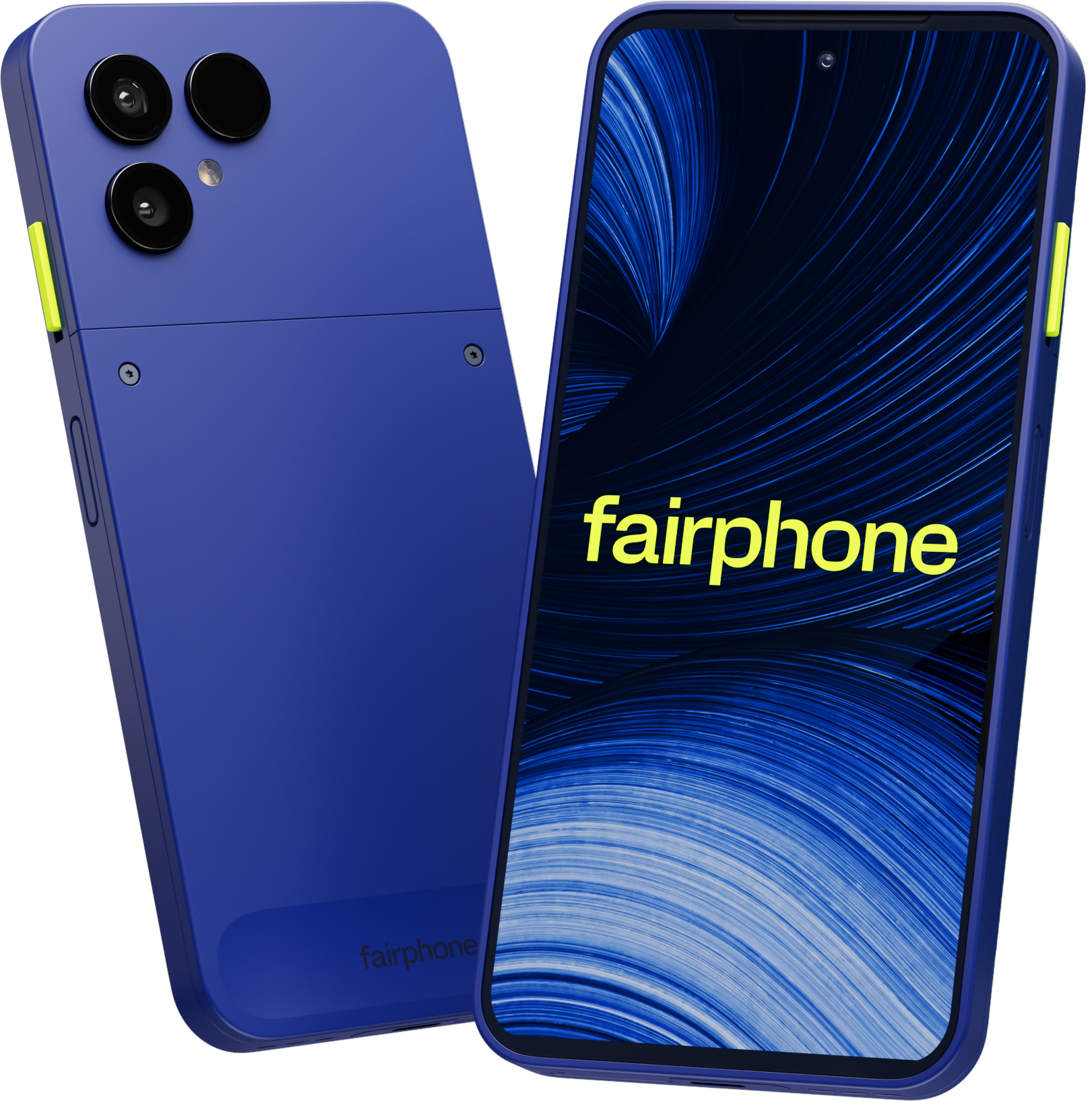 Blaue Fairphone Smartphones, eins zeigt die Vorderseite mit Logo, das andere die Rückseite mit drei Kameras.