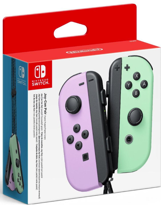 Verpackung für Nintendo Switch Joy-Con in Pastellviolett und Pastellgrün.