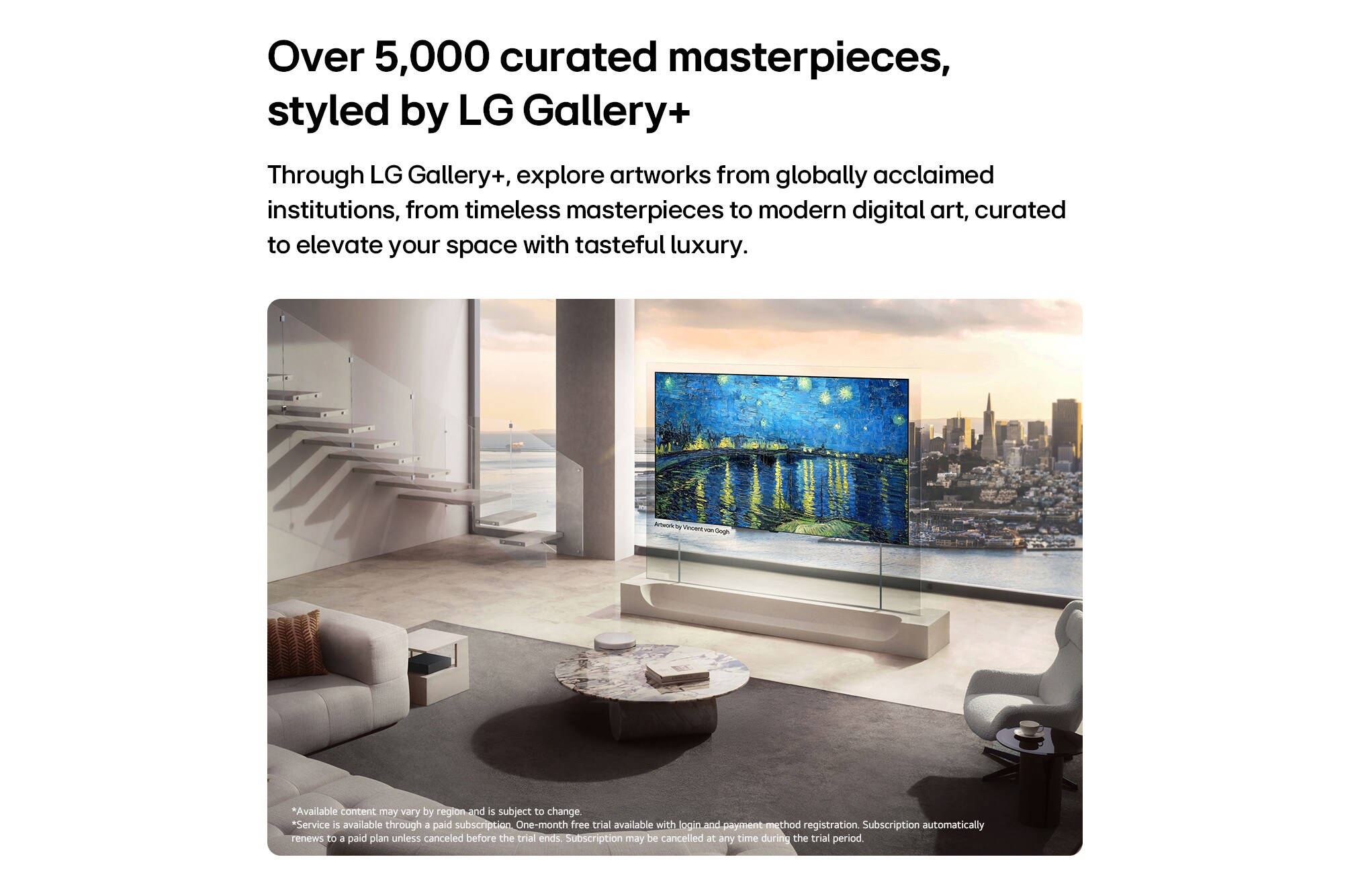 Ein transparenter LG-Fernseher zeigt Kunst in einem modernen Wohnzimmer.