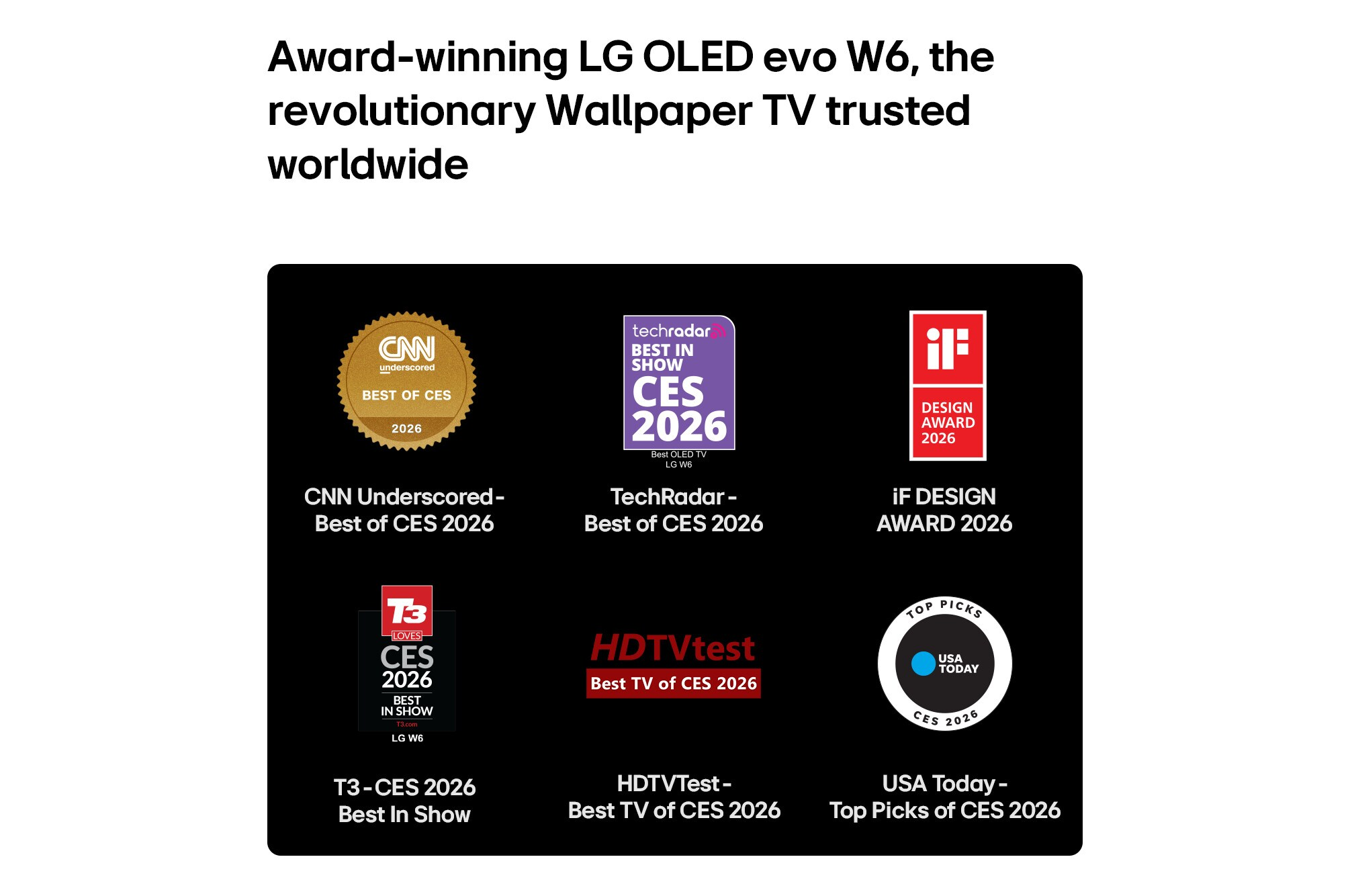 Präsentation von sechs Design- und Technikpreisen für den LG OLED evo W6 auf schwarzem Hintergrund.
