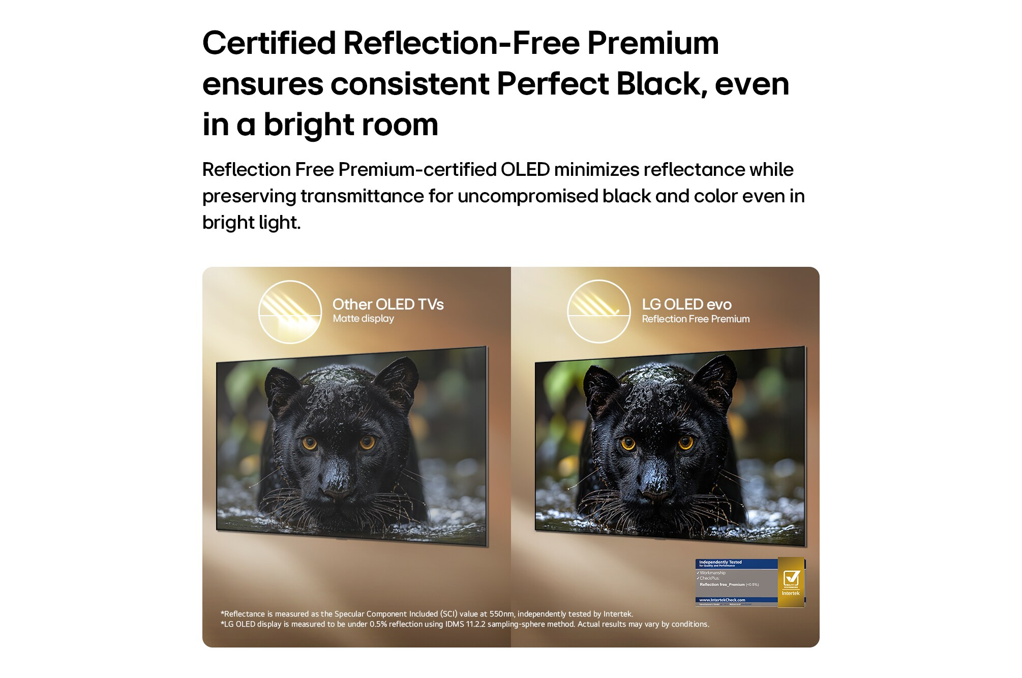 Vergleich zeigt reflexionsfreies LG OLED evo Display mit besserer Schwarzdarstellung als herkömmliche TVs.