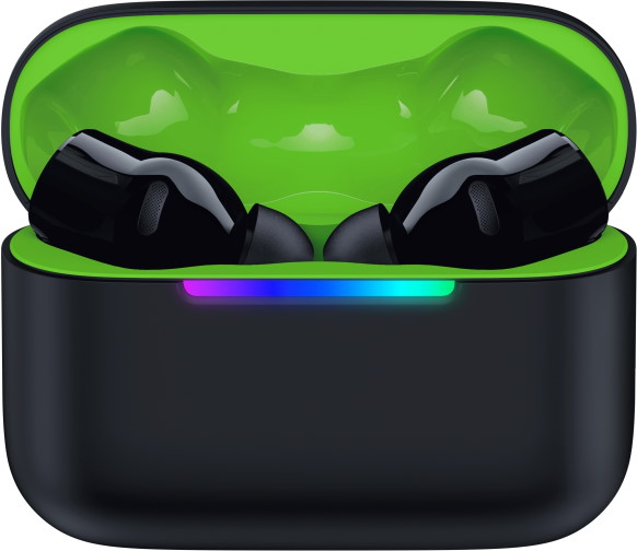 Auricolari wireless neri in una custodia di ricarica aperta con interno verde neon e LED.