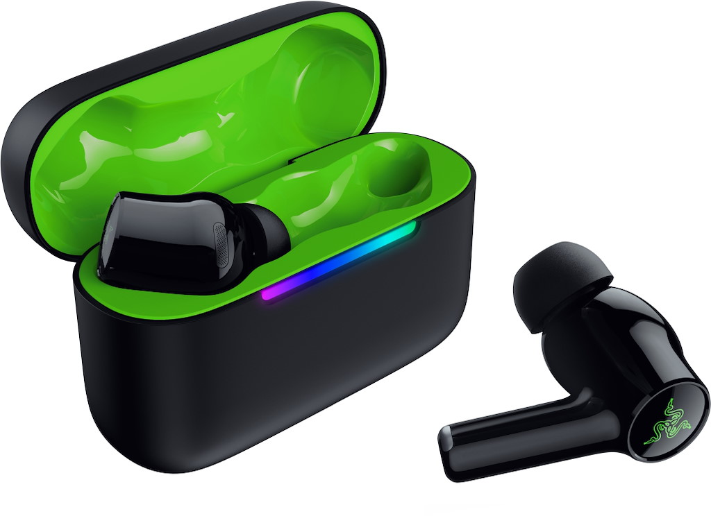 Auricolari wireless neri con custodia di ricarica, interno verde e illuminazione RGB.
