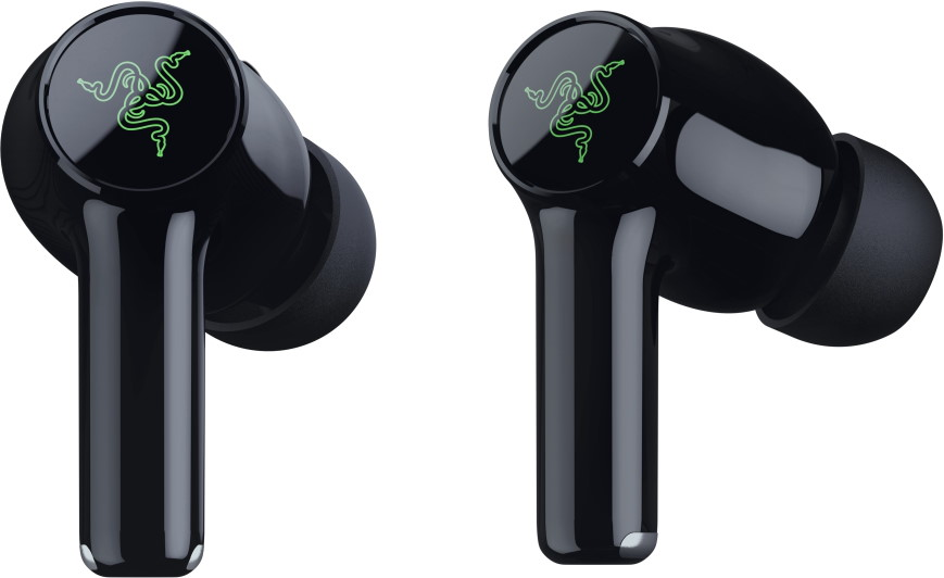 Due auricolari neri con logo Razer verde su superficie lucida.