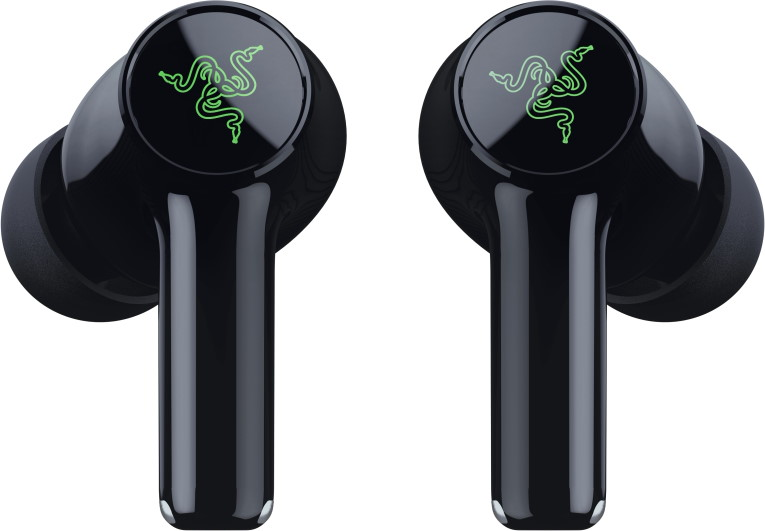 Auricolari wireless neri con finitura lucida e logo Razer verde.