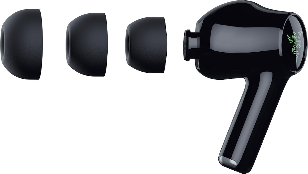 Auricolare in-ear wireless nero con tre cuscinetti in silicone aggiuntivi di diverse dimensioni.