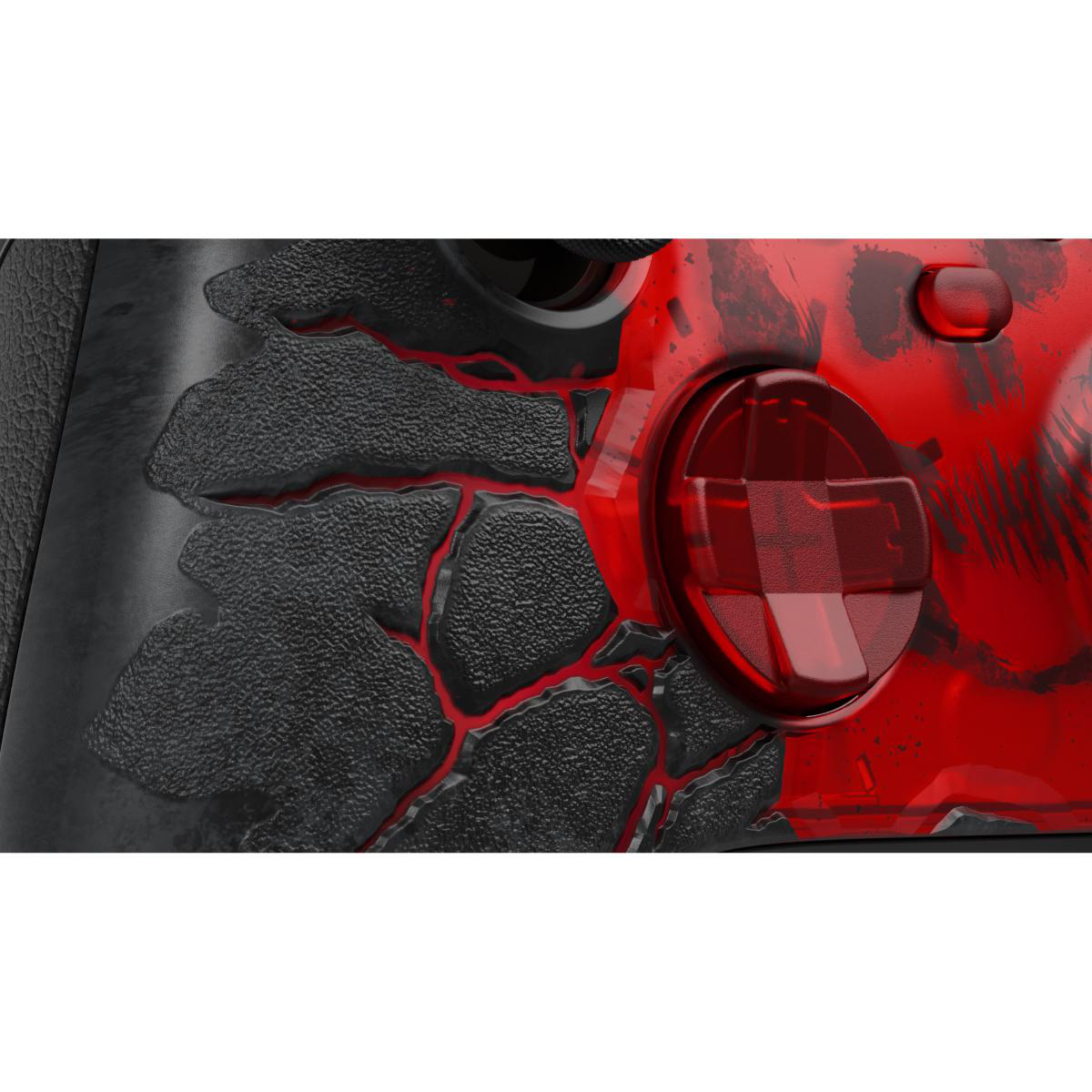 Nahaufnahme eines roten und schwarzen Gamepads mit strukturiertem Griff und transparent rotem D-Pad.