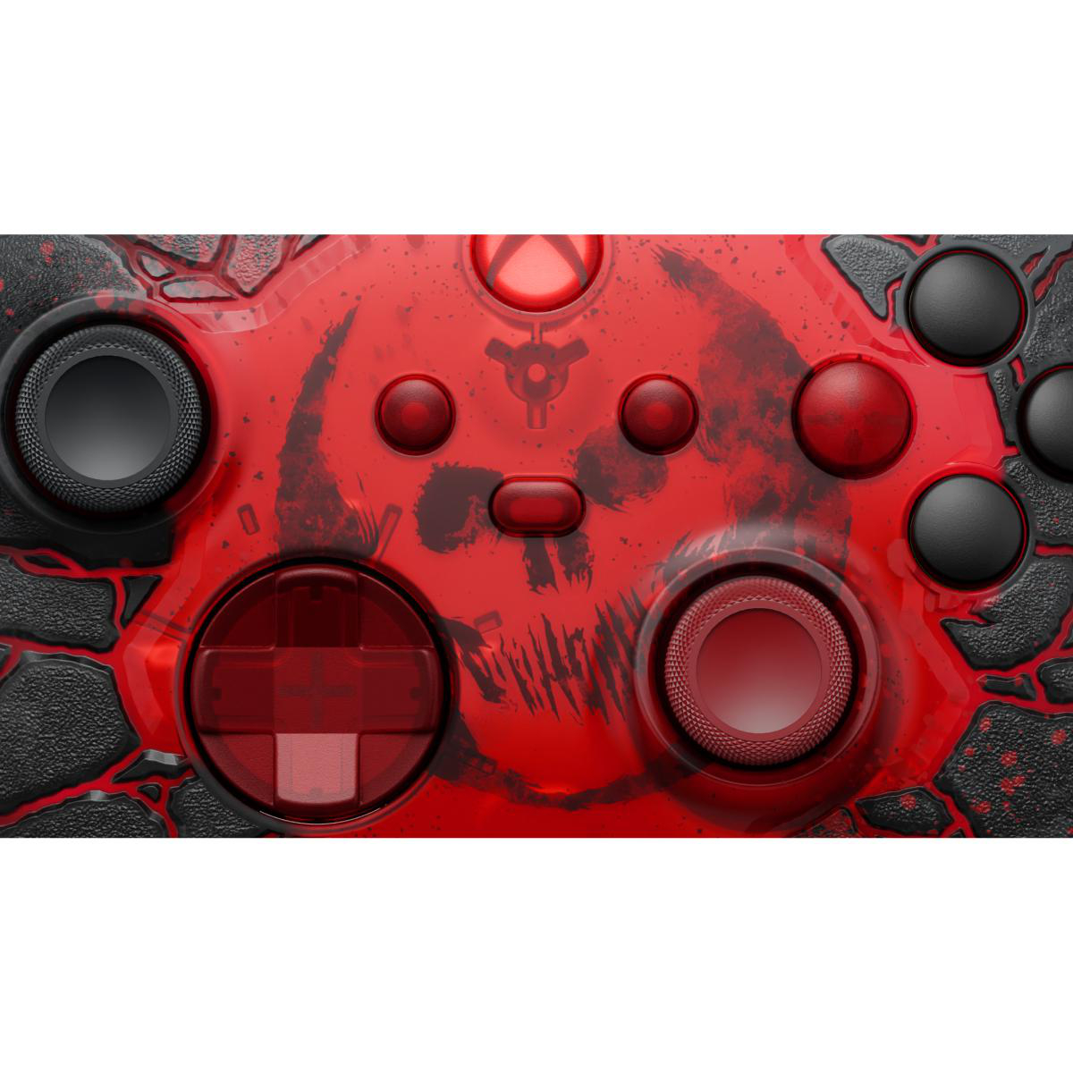 Rot-schwarzer Xbox-Controller mit Muster und Zahn-Symbolik.