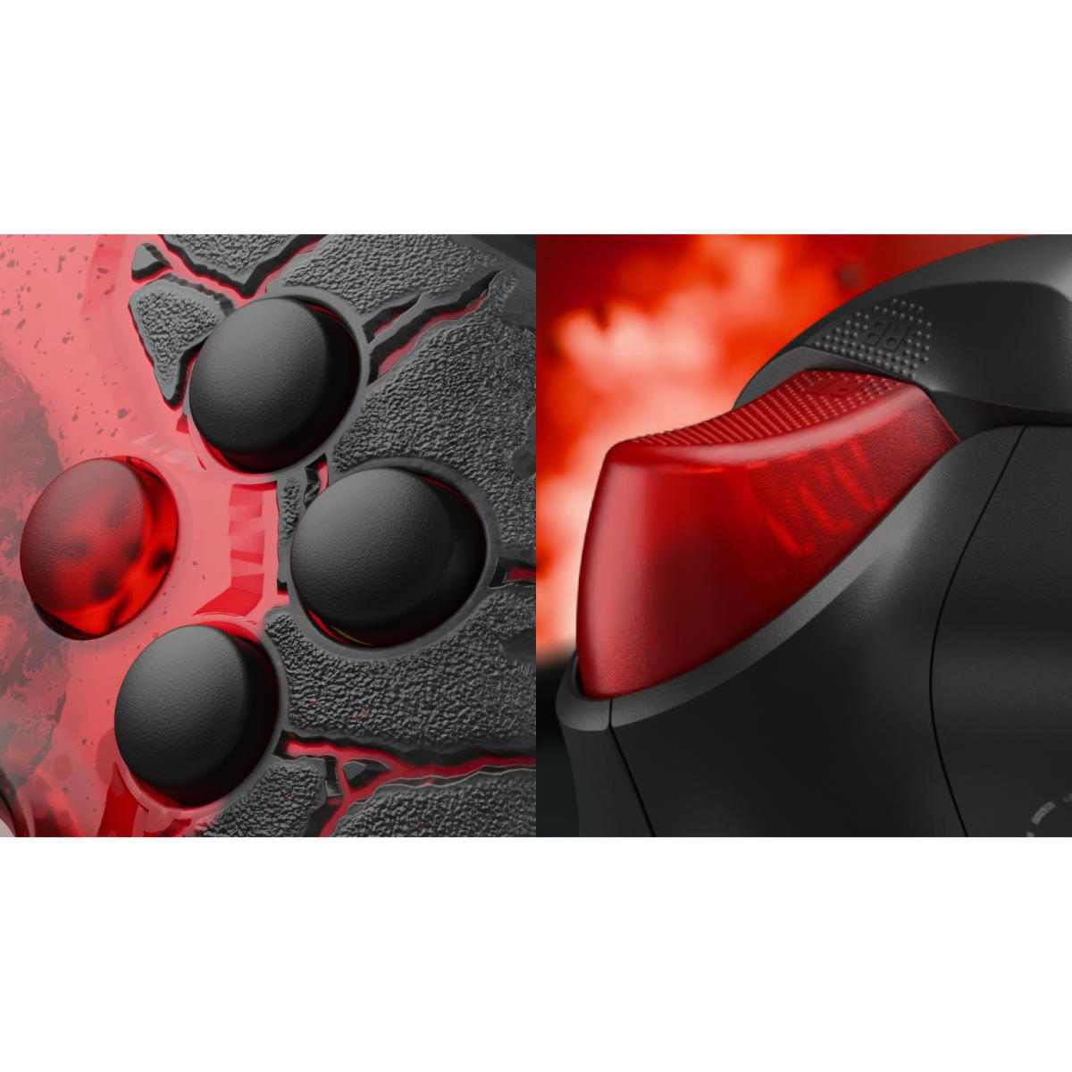 Nahaufnahme eines Gamepads mit schwarzen Knöpfen und roten Details auf zerklüfteter schwarzer Oberfläche und rotem Bumper.
