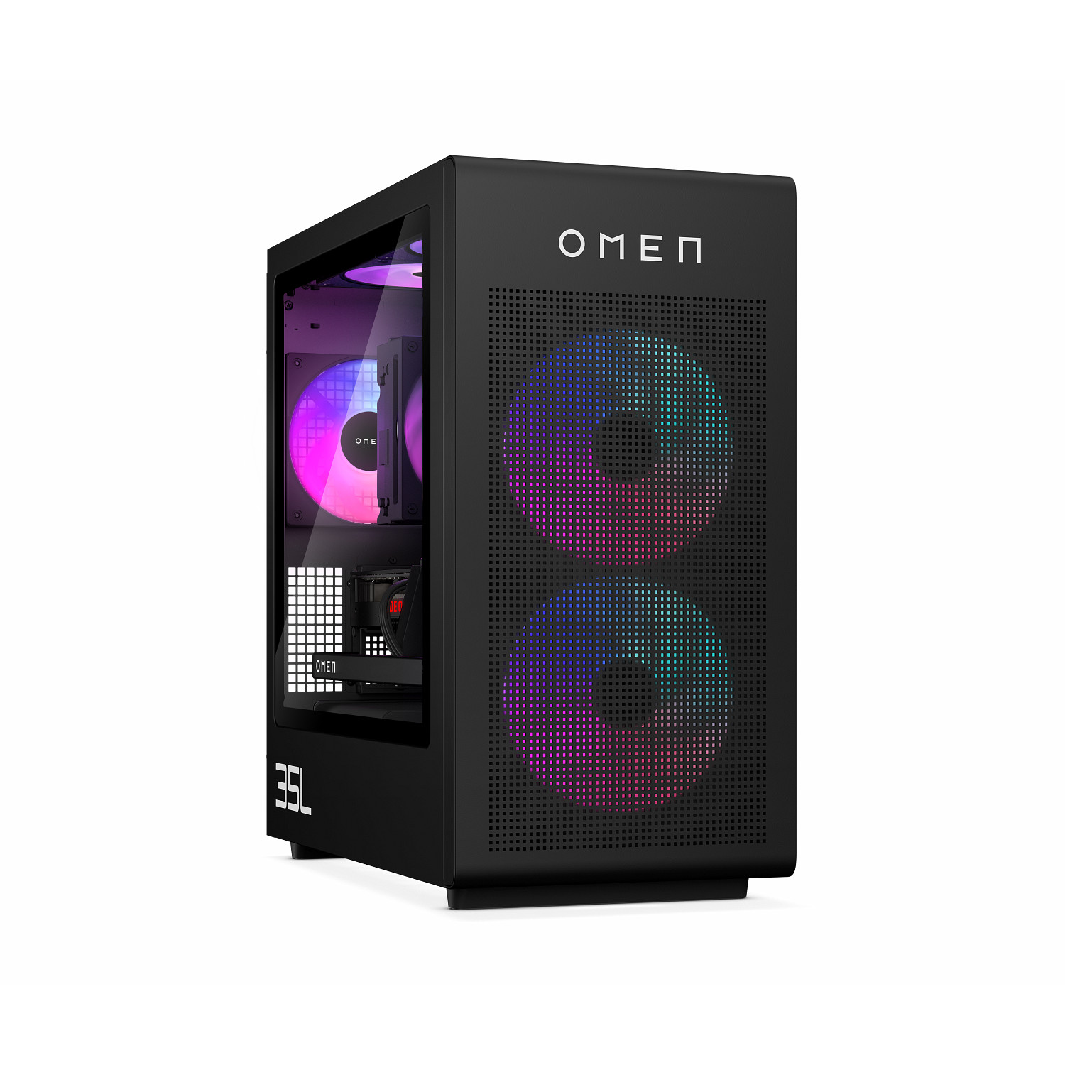 PC de escritorio OMEN negro con ventiladores RGB y panel lateral de vidrio sobre fondo blanco.