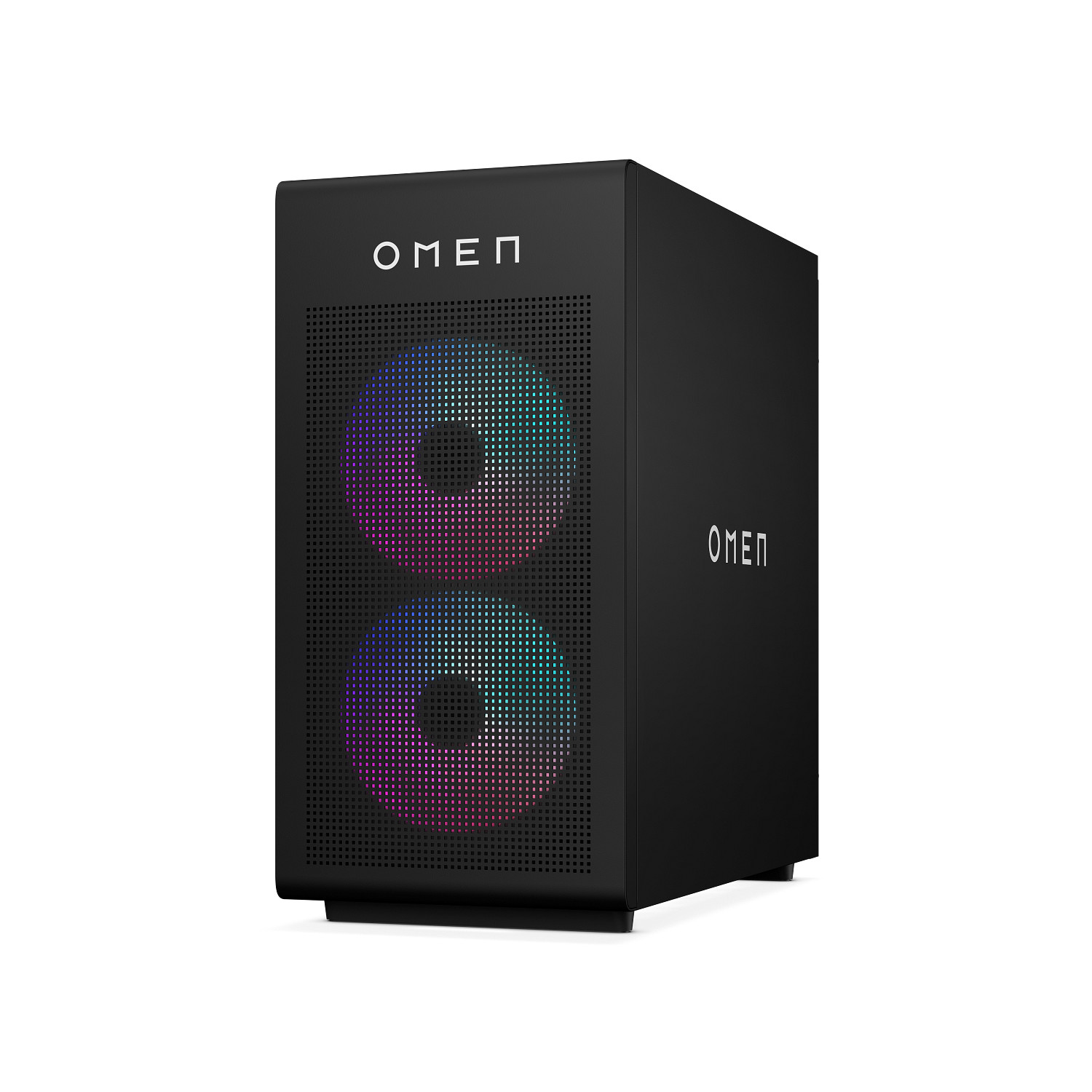 Una torre de PC de escritorio HP Omen negra con dos ventiladores RGB iluminados en el panel frontal sobre fondo blanco.