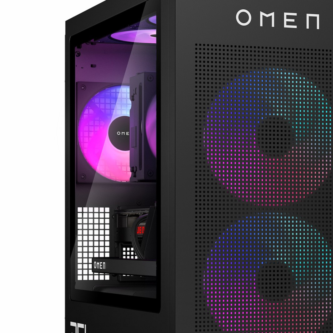 PC de juegos OMEN negro con ventiladores iluminados y panel de vidrio.