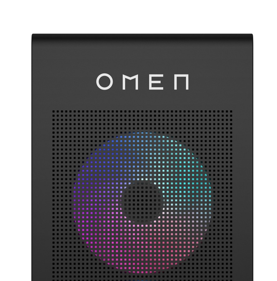 Chasis negro con un logotipo blanco de Omen y una rejilla de ventilador redonda iluminada en varios colores.