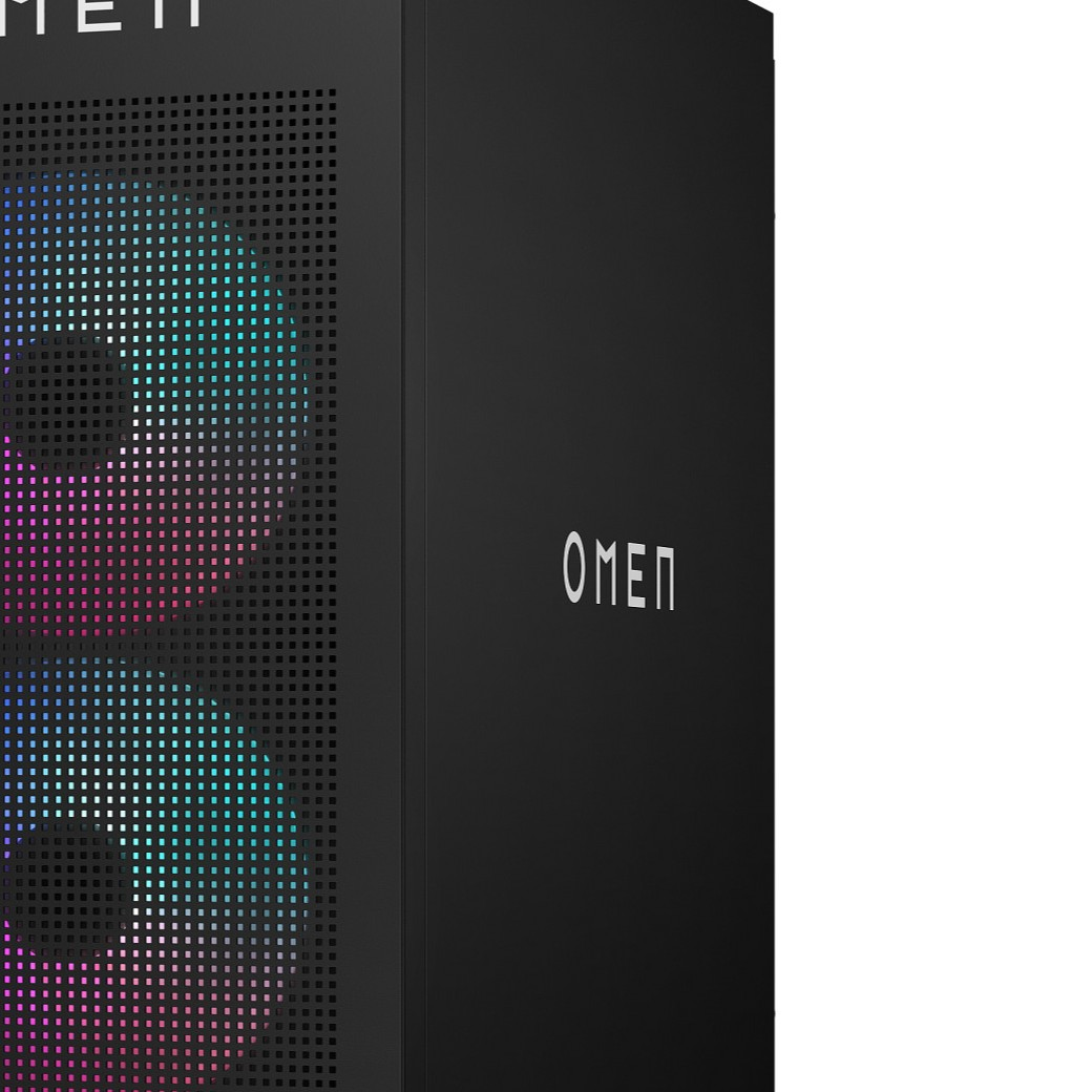 Gabinete de PC negro con la marca OMEN y ventiladores iluminados.