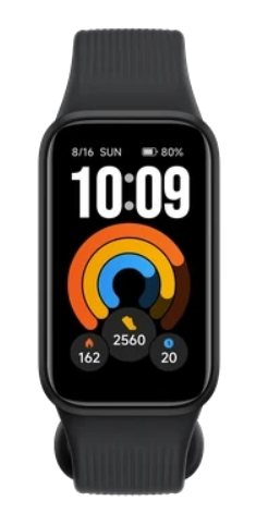 Czarny smartwatch z kolorowym ekranem pokazującym czas, datę i statystyki fitness.