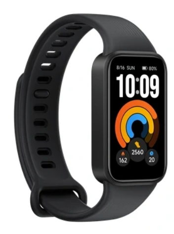 Czarny smartwatch z prostokątnym wyświetlaczem, kolorową grafiką łuku i czasem cyfrowym.