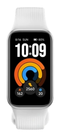 Biały smartwatch z cyfrowym zegarem, okręgami aktywności, datą i statystykami fitness.