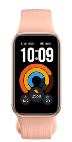 Różowy smartwatch z kolorowym ekranem, pokazujący godzinę, datę, baterię i statystyki.
