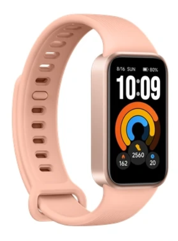 Różowy smartwatch z prostokątnym ekranem pokazującym czas i dane.