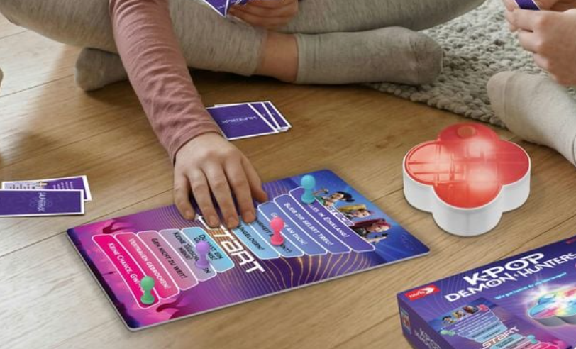 Personen spielen ein Brettspiel mit farbigen Figuren und Karten auf einem Holzboden.