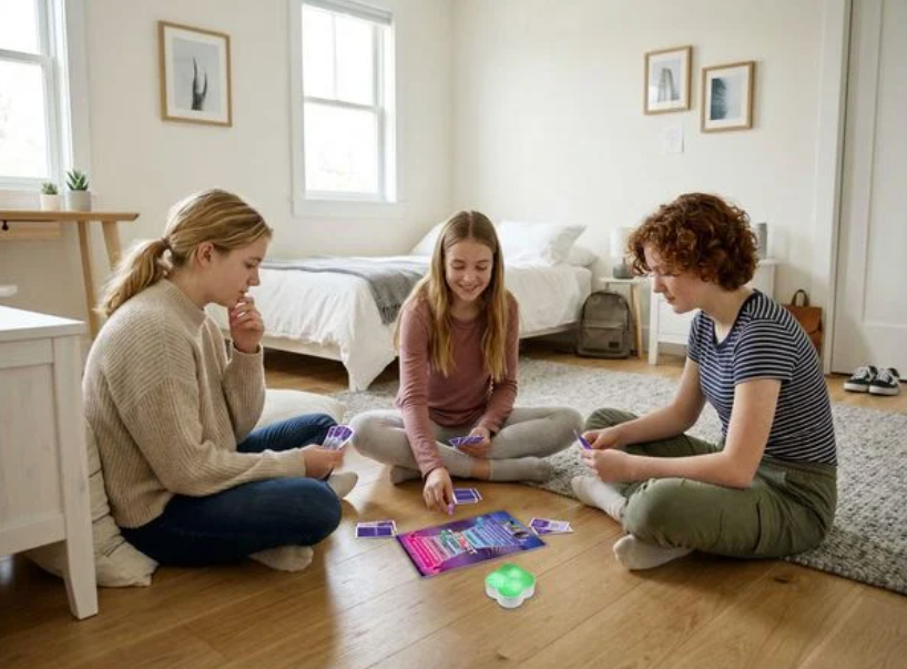 Drei junge Frauen sitzen auf einem Holzboden in einem Schlafzimmer und spielen ein Kartenspiel.